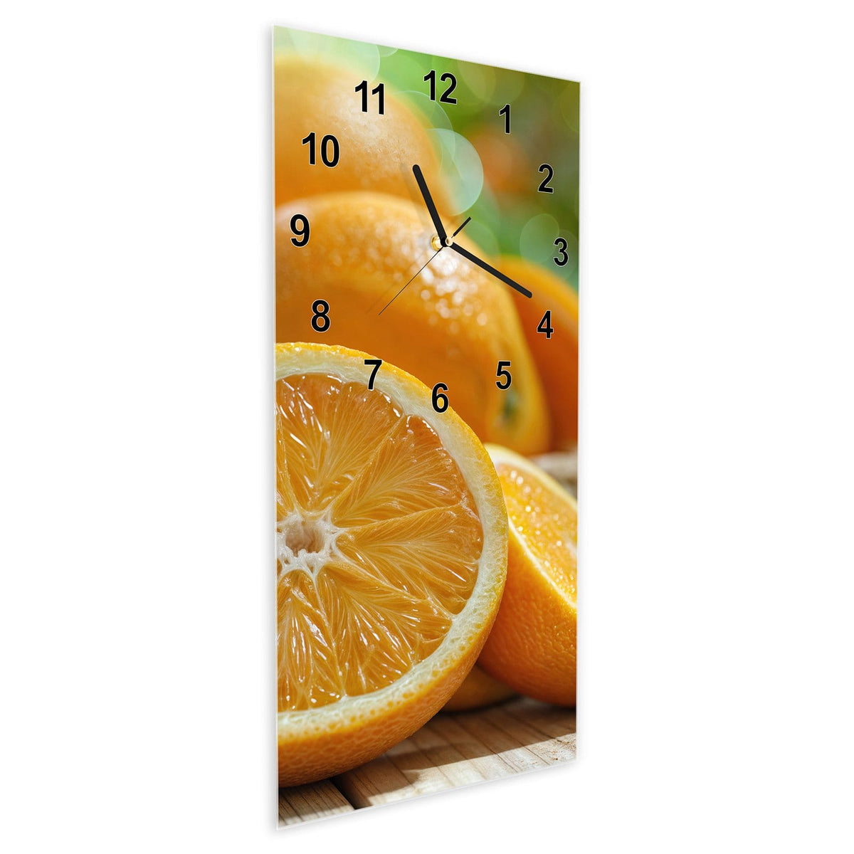 Wanduhr aus Glas im Hochformat Orangen auf Holz schräg von der Seite, 4 mm starkes Glas