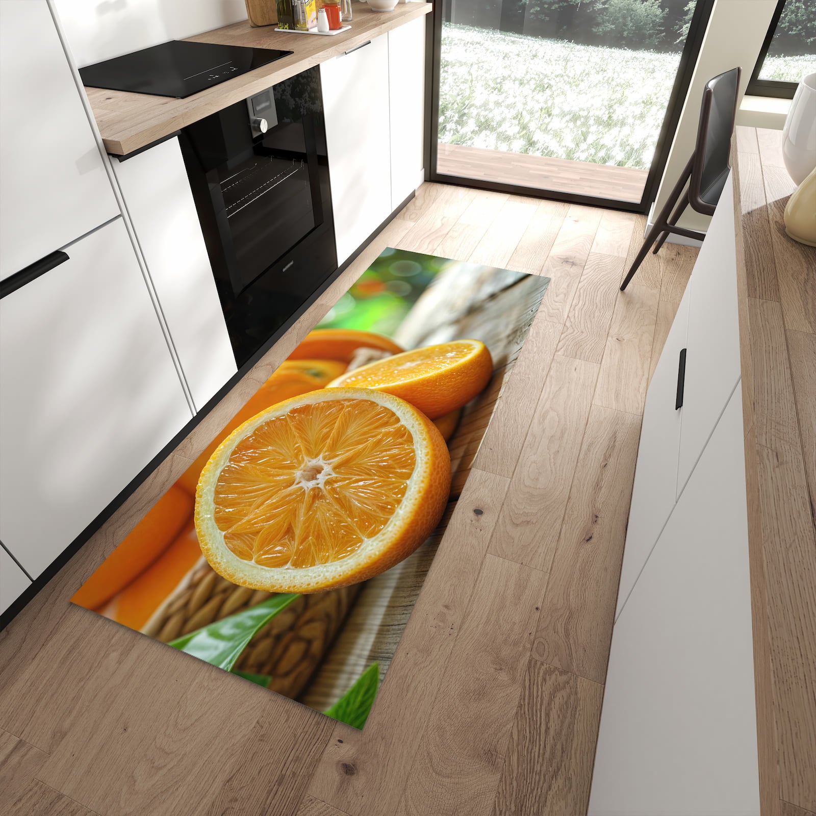 Flacher Küchenteppich mit Motiv Frische Orangen in moderner Küche