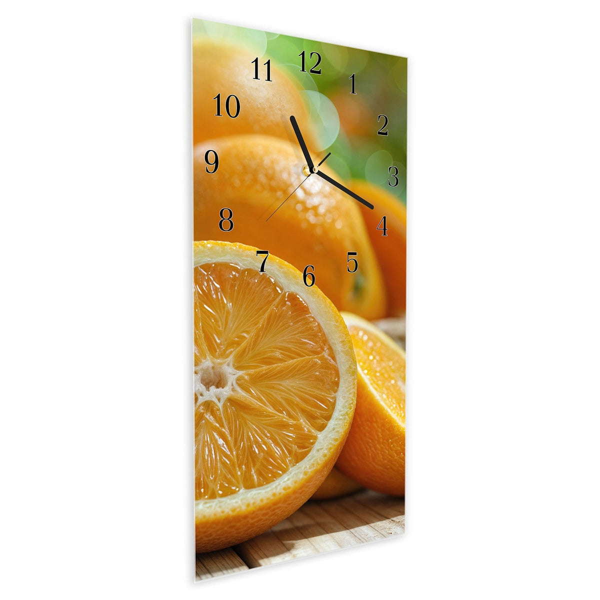 Wanduhr aus Glas im Hochformat Orangen auf Holz schräg von der Seite, 4 mm starkes Glas