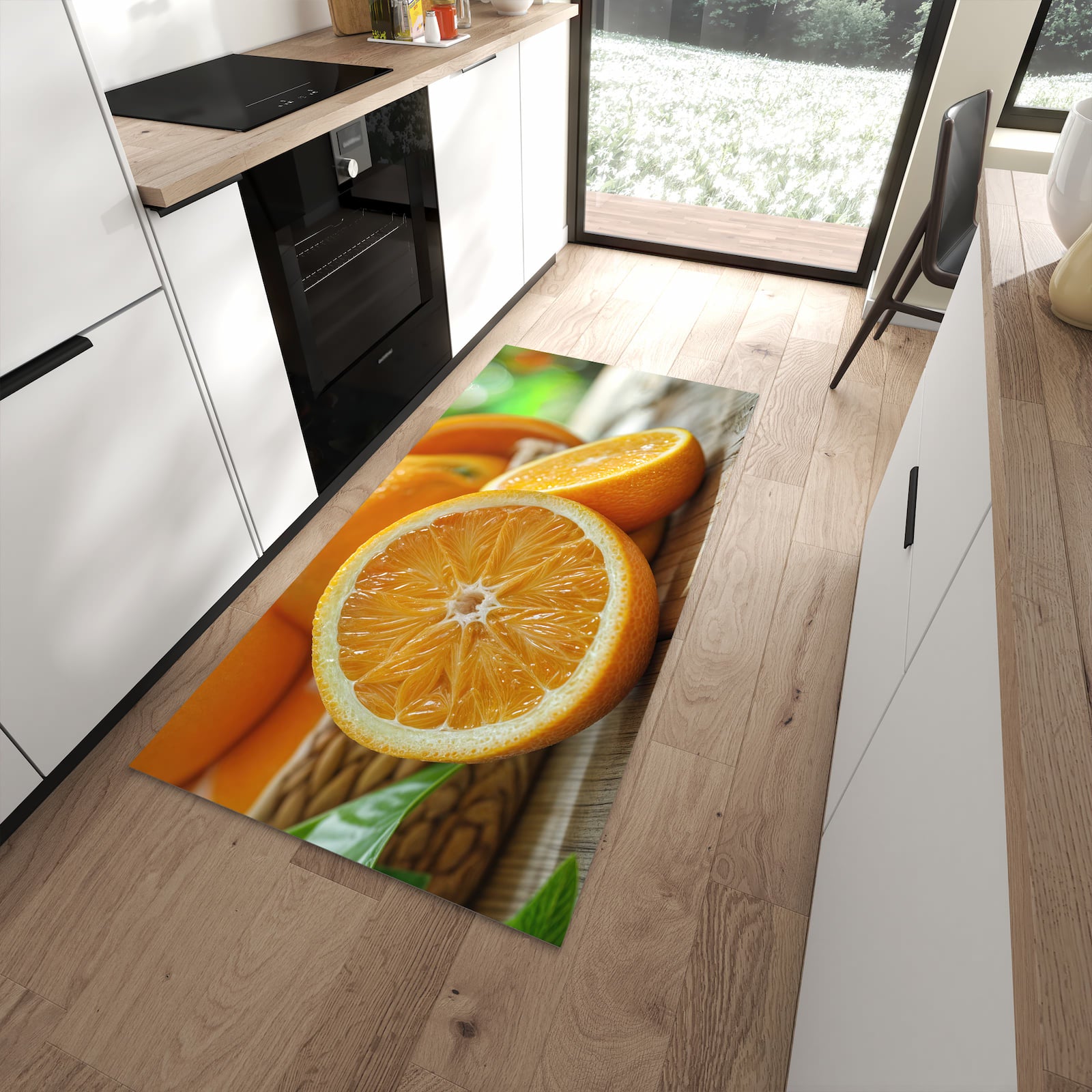 Pflegeleichter Küchenteppich mit Motiv Frische Orangen in moderner Küche