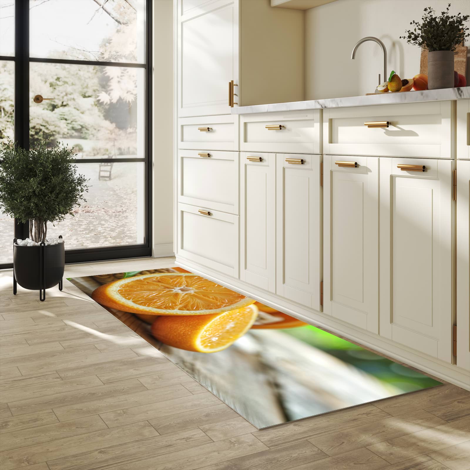 UV-beständiger Küchenläufer mit Motiv Frische Orangen in heller Küche