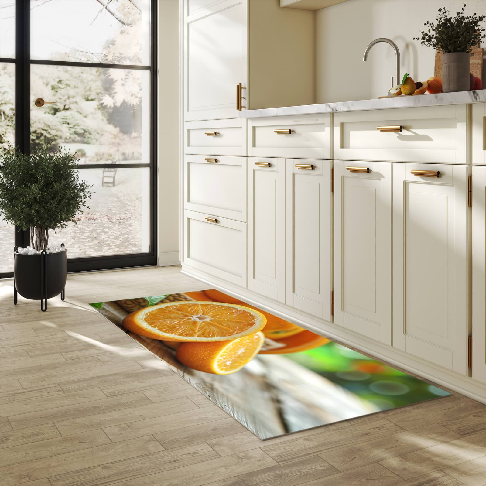 Abriebfester Küchenläufer mit Motiv Frische Orangen in heller Küche