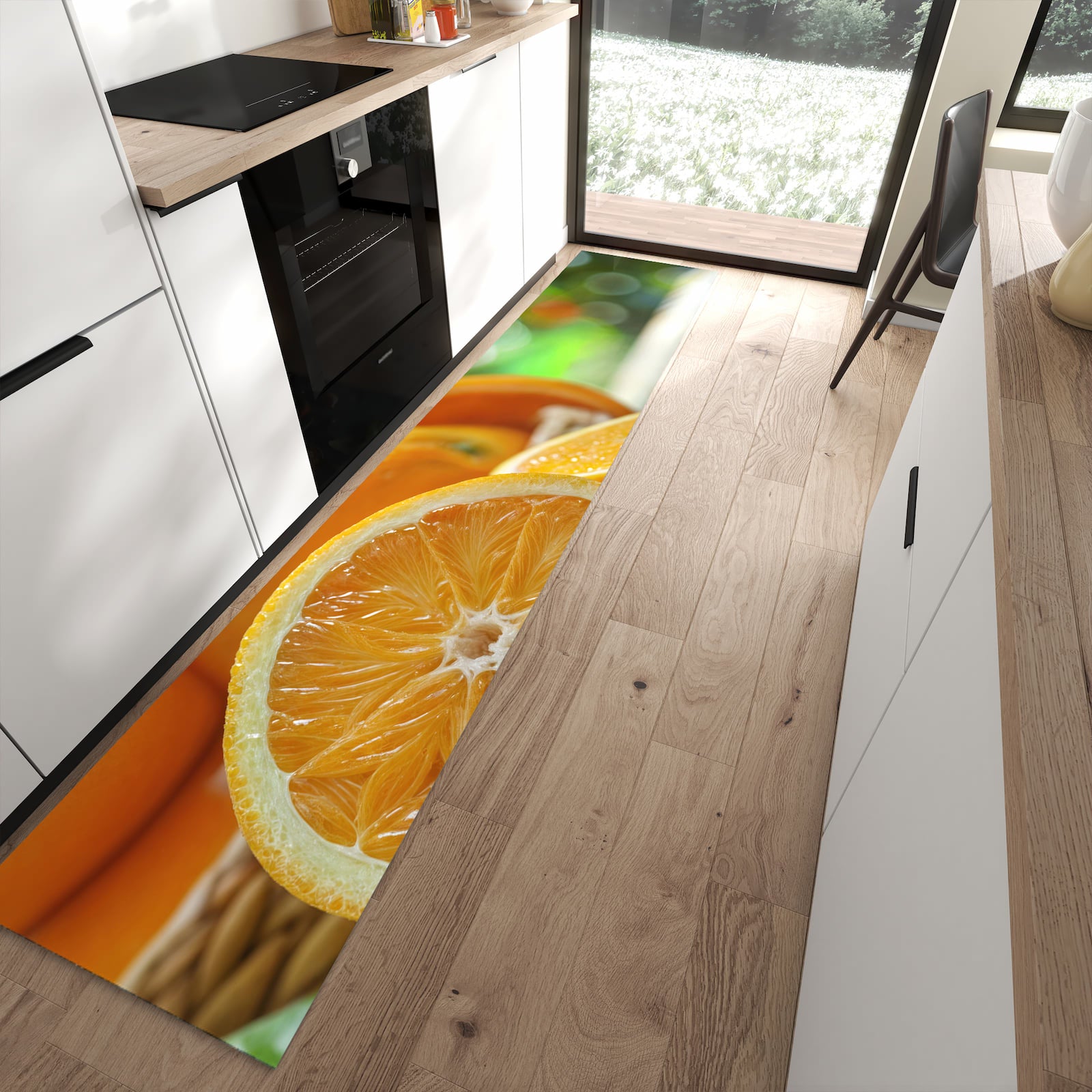 Geruchsneutraler abwaschbarer Küchenteppich mit Motiv Frische Orangen in moderner Küche