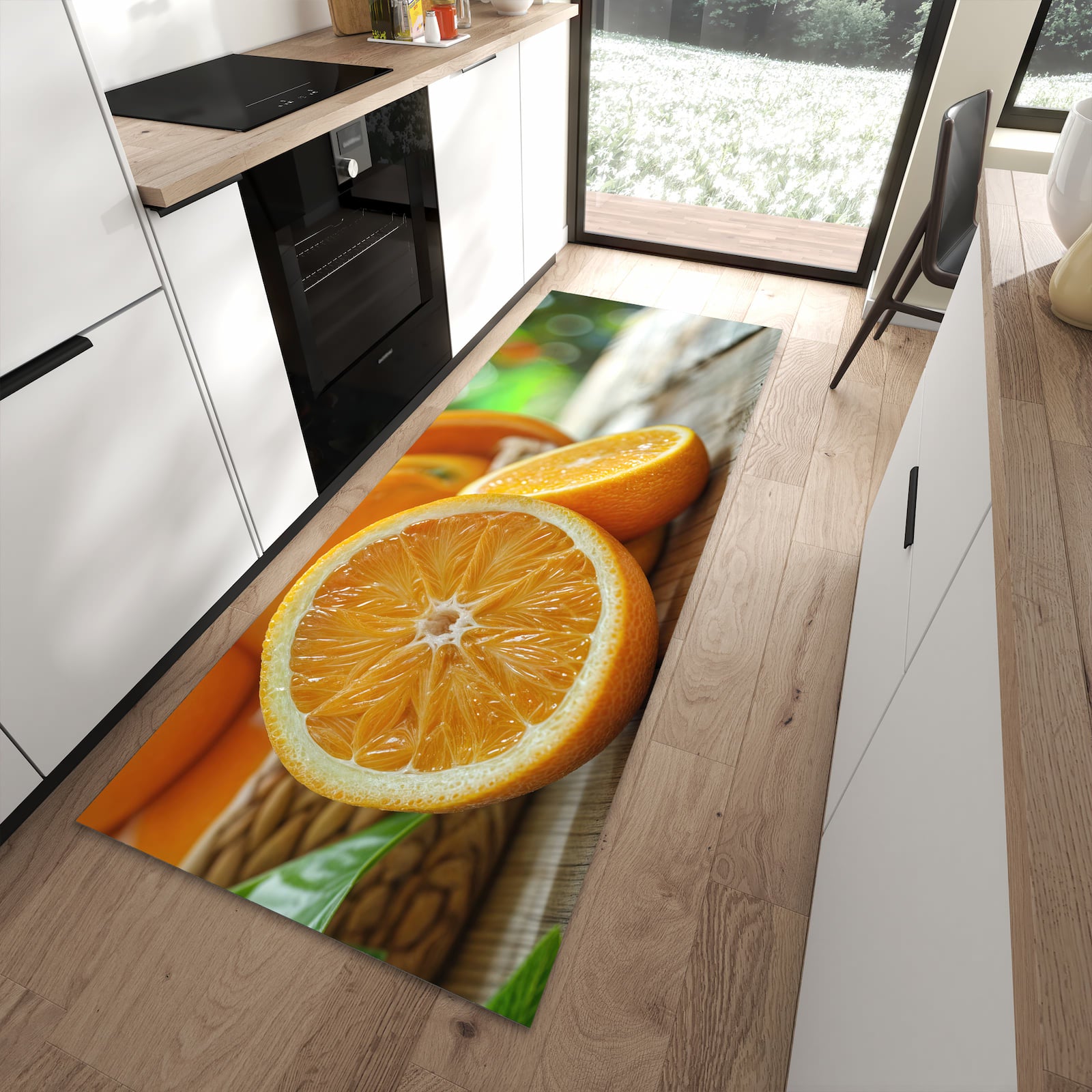 Küchenteppich mit Motiv Frische Orangen für angenehme Haptik in moderner Küche