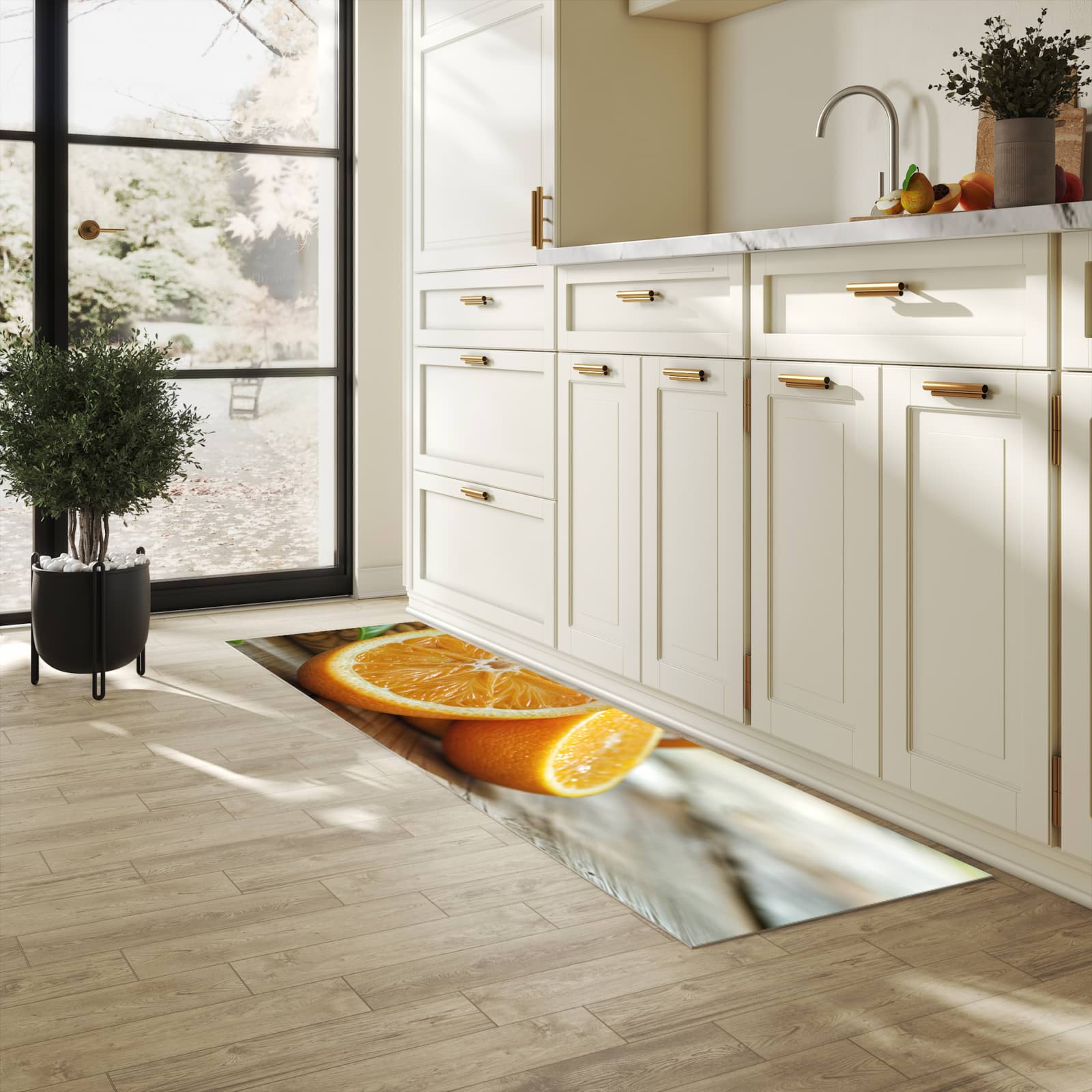 Formstabiler großer Küchenteppich mit Motiv Frische Orangen in heller Küche