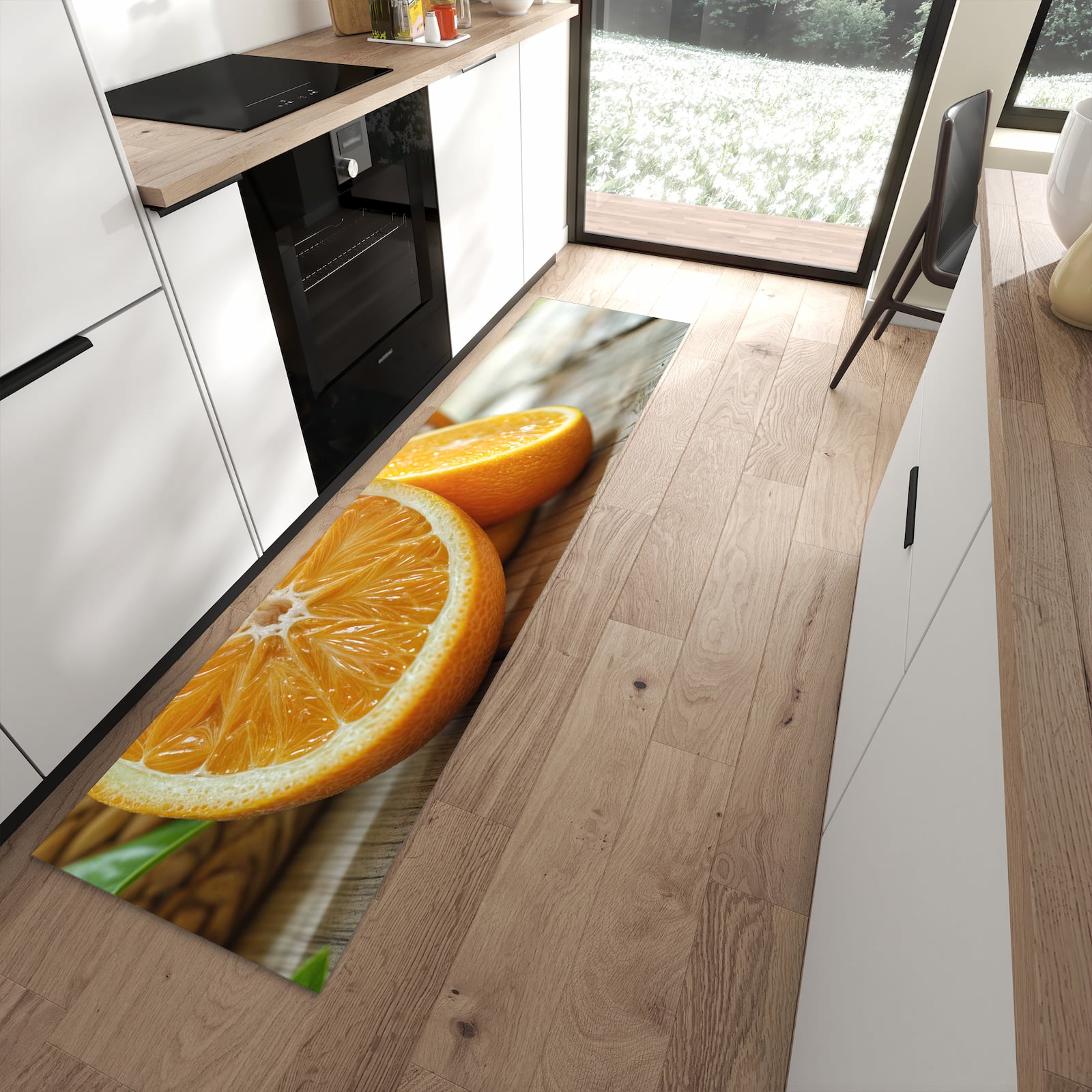 Fleckenresistenter moderner Küchenläufer mit Motiv Frische Orangen in moderner Küche