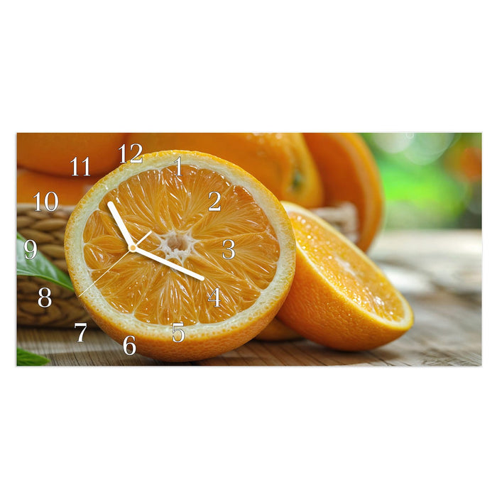 Wanduhr Frische Orangen aus Glas – Querformat 60 × 30 cm mit Ziffernblatt Klassisch