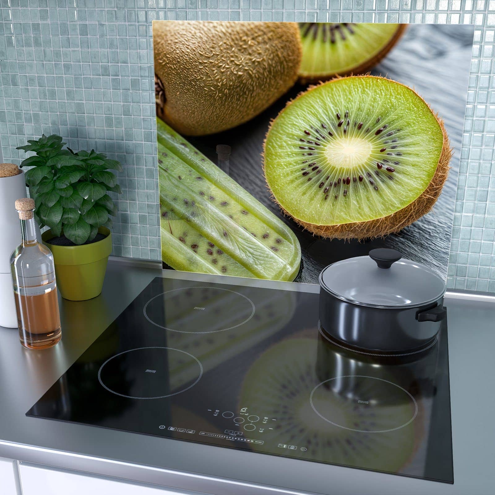 1-teilige Glasplatte für Herd mit Kiwi Eis am Stiel-Motiv als Spritzschutz hinter dem Kochfeld