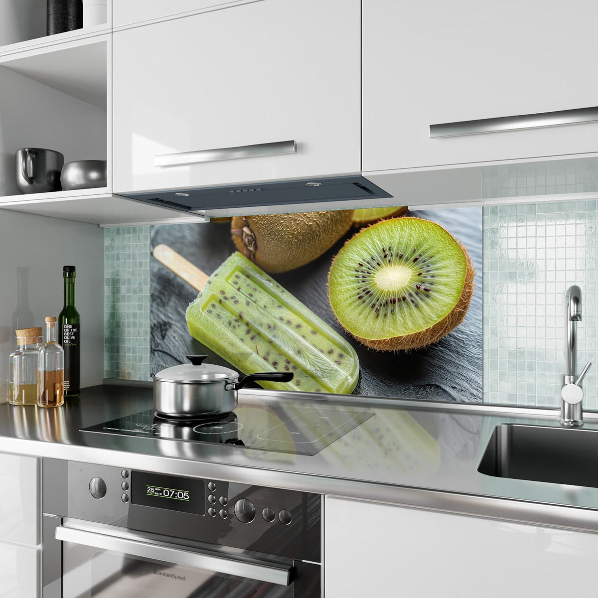 Küchenrückwand aus Glas Kiwieis am Stiel im Hochformat als Spritzschutz hinter dem Kochfeld, über dem Fliesenspiegel montiert