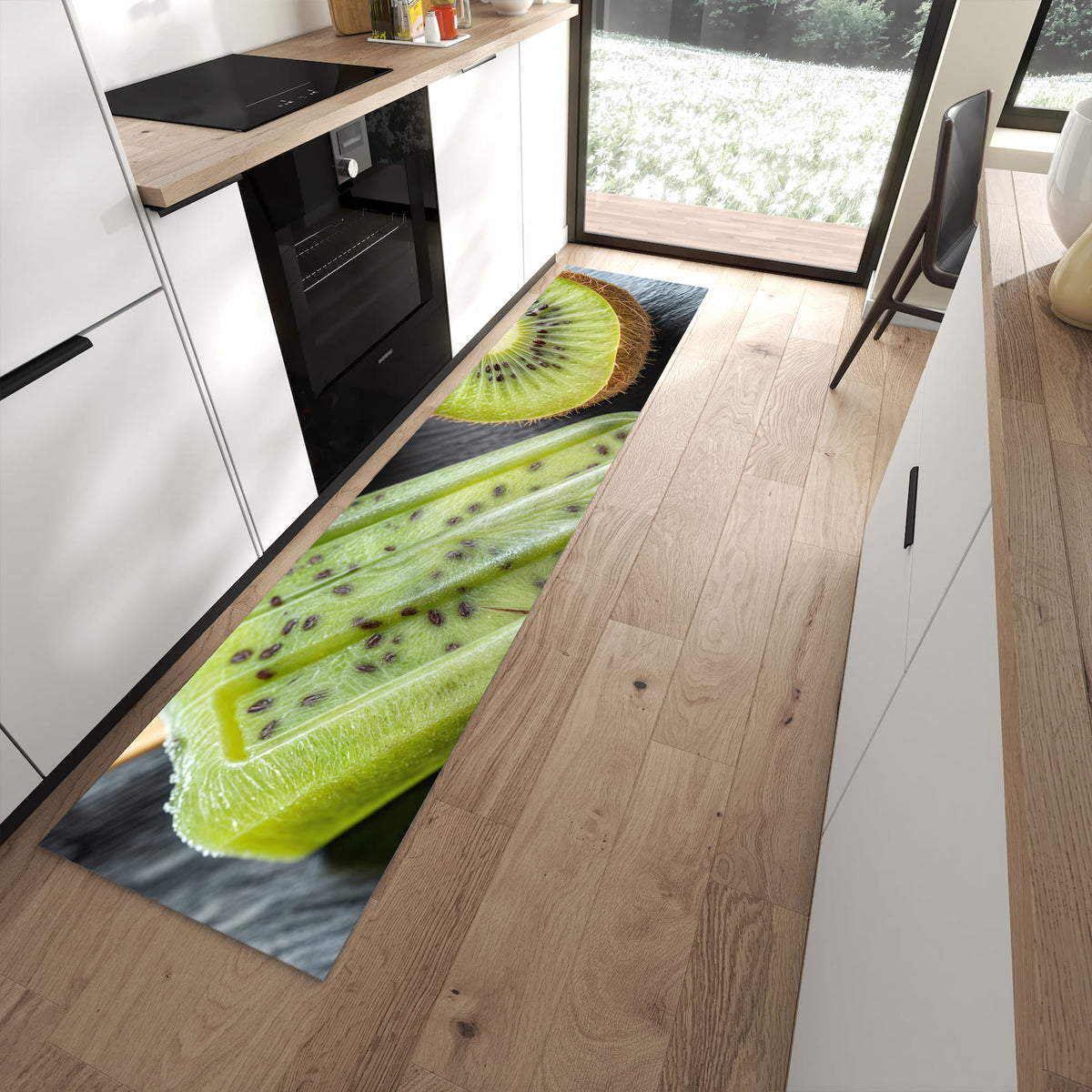 Bodenschonender Küchenteppich mit Motiv Kiwi Eis am Stiel in moderner Küche
