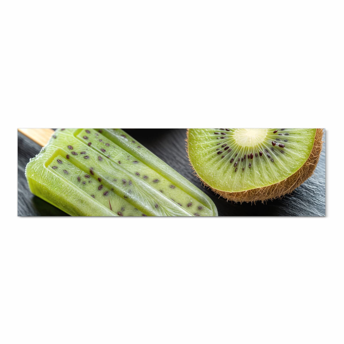 Waschbarer dünner Küchenteppich mit Motiv Kiwi Eis am Stiel in Frontansicht für Ordnung