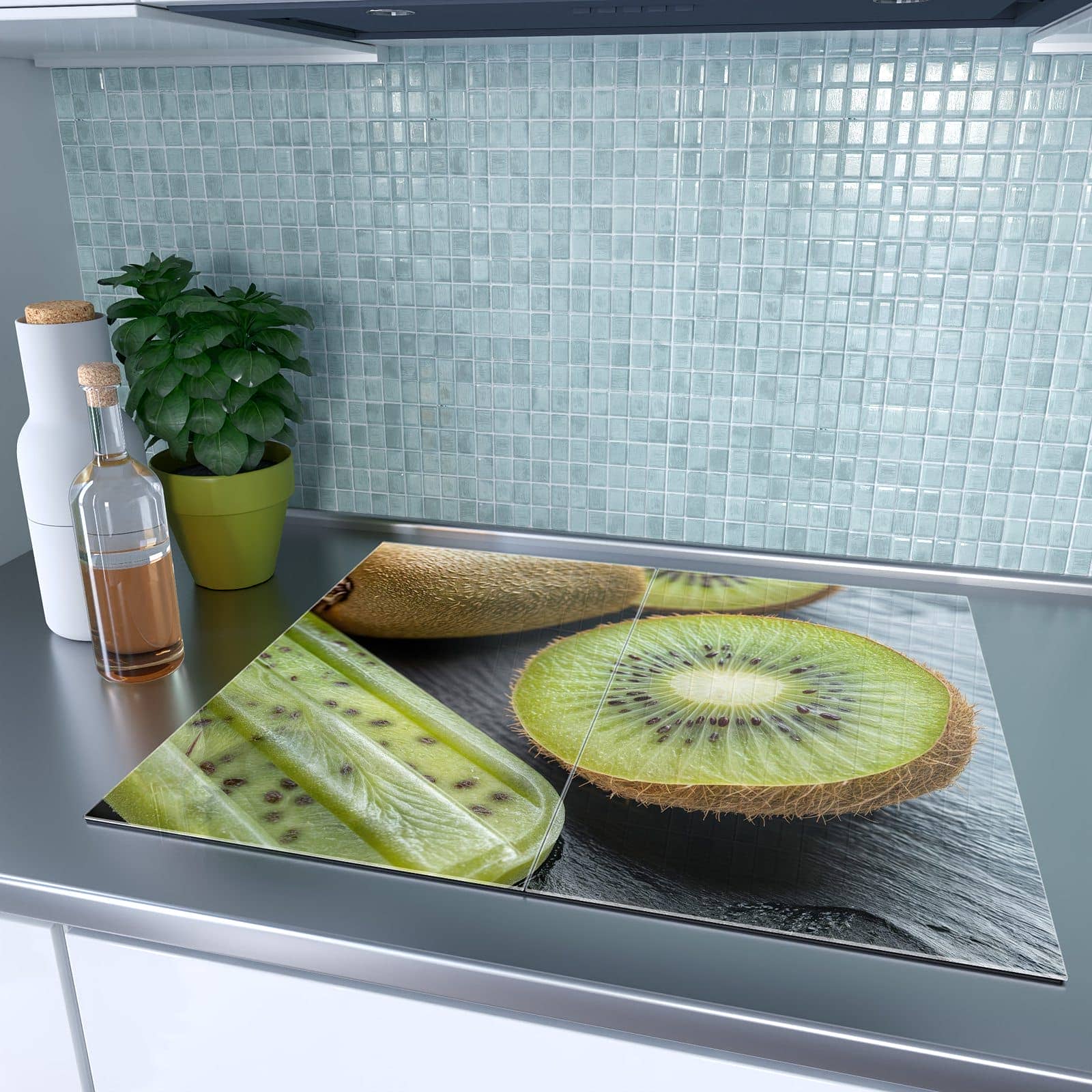 2-teilige Glasabdeckplatte für Ceranfeld mit Kiwi Eis am Stiel-Motiv auf dem Ceranfeld