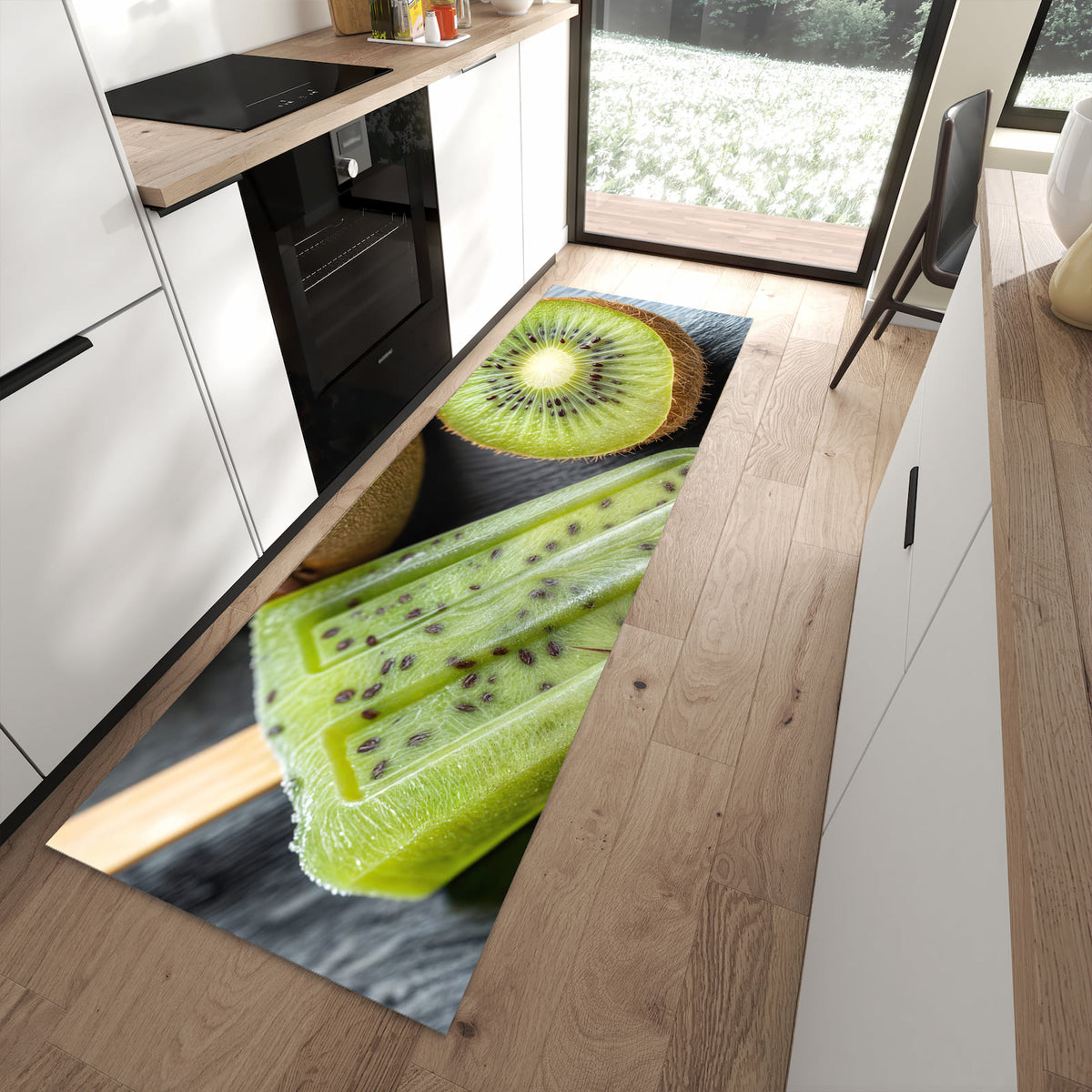 Formstabiler rutschfester Küchenläufer mit Motiv Kiwi Eis am Stiel in moderner Küche