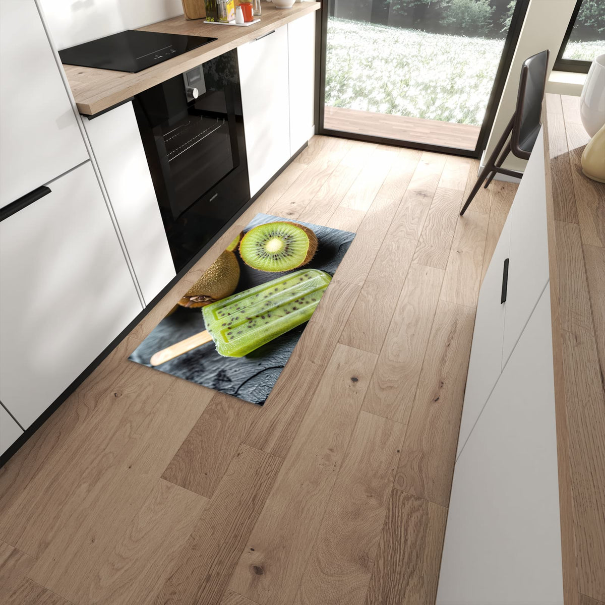 Waschbarer Küchenteppich mit Motiv Kiwi Eis am Stiel in moderner Küche #grösse_60 x 120 cm