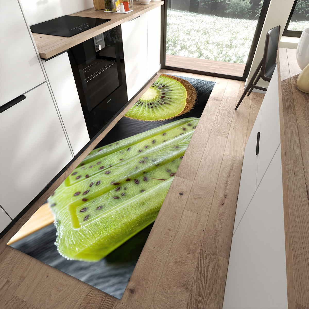 Rutschfester Küchenläufer mit Motiv Kiwi Eis am Stiel für sicheren Stand in moderner Küche