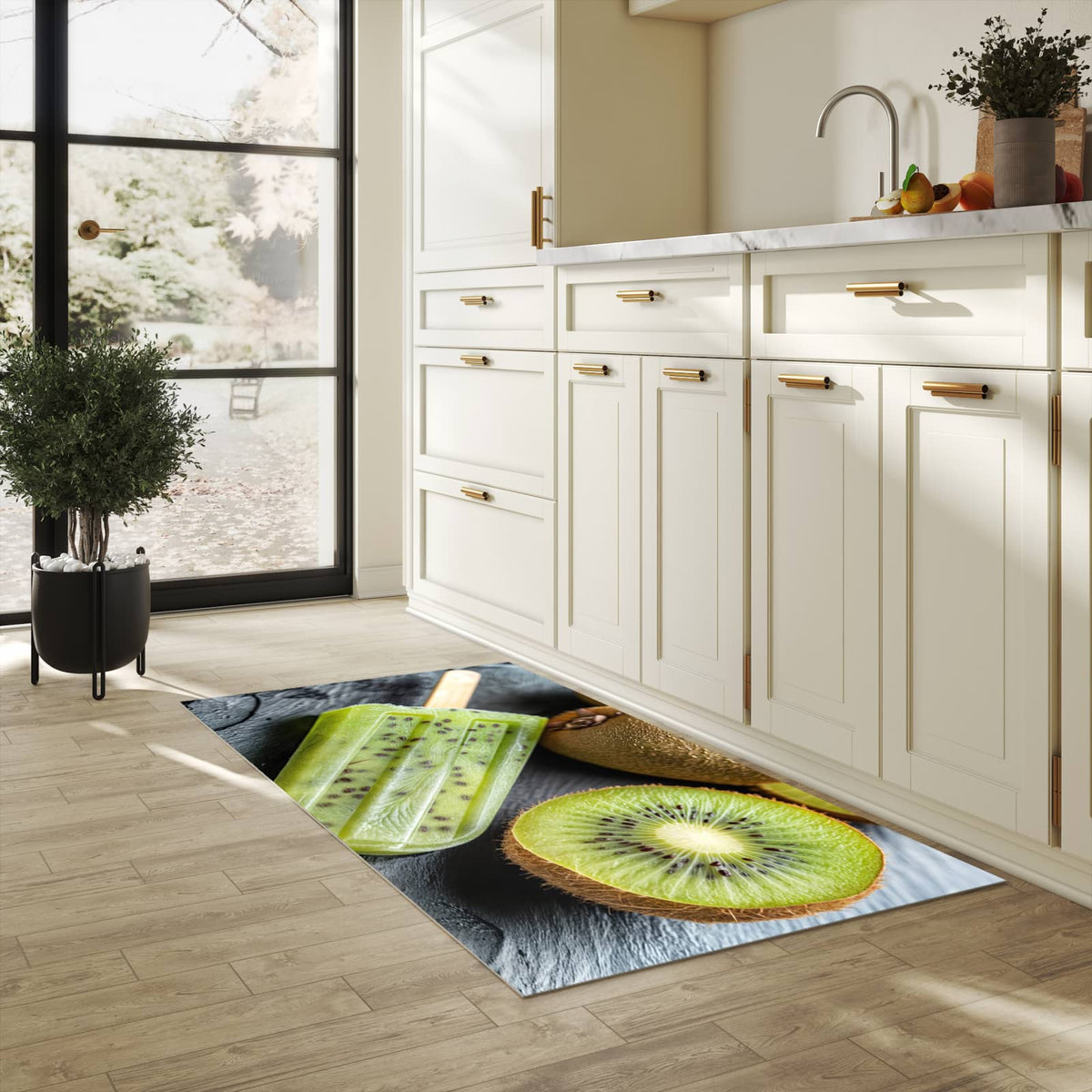 Feuchtigkeitsresistenter Küchenteppich mit Motiv Kiwi Eis am Stiel in heller Küche