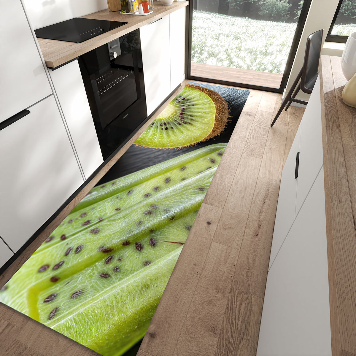 Zeitsparender rutschfester Küchenläufer mit Motiv Kiwi Eis am Stiel in moderner Küche