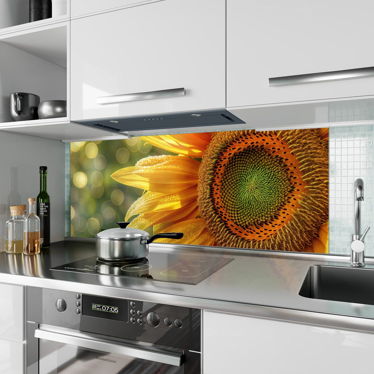 Küchenrückwand aus Glas Sonnenblume mit Tau im Hochformat als Spritzschutz hinter dem Kochfeld, über dem Fliesenspiegel montiert