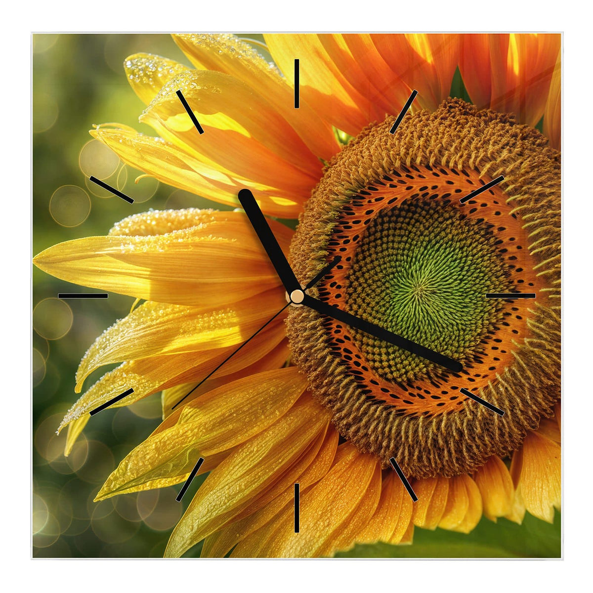 Wanduhr aus Glas, Ziffernblatt Linie: Sonnenblume in Nahaufnahme, Blütenblätter voller Tautropfen
