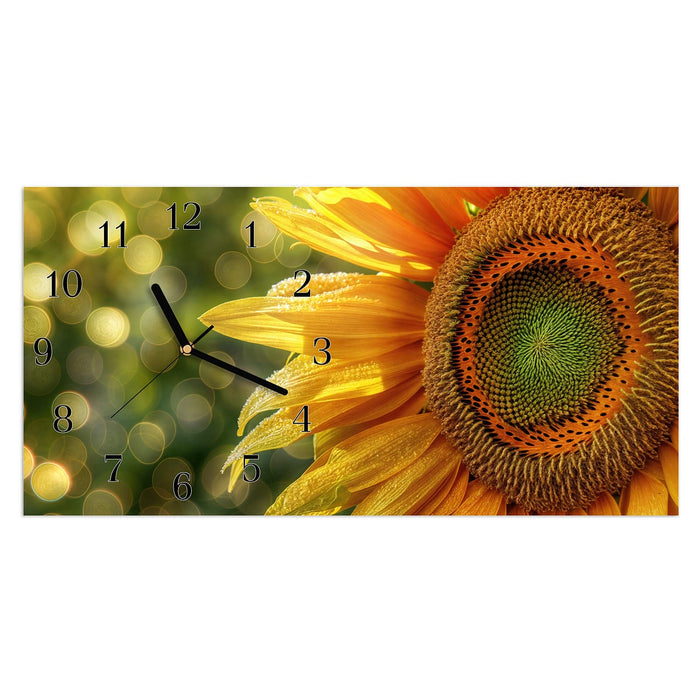 Wanduhr Sonnenblume Makro aus Glas – Querformat 60 × 30 cm mit Ziffernblatt Klassisch