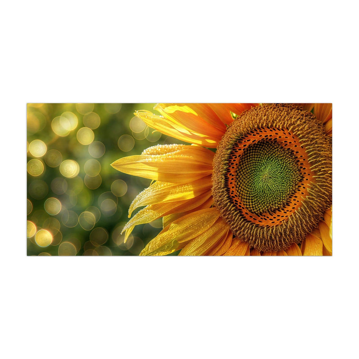 Küchenrückwand aus Glas Sonnenblume mit Tau im Hochformat, Motiv bildfüllend von vorn
