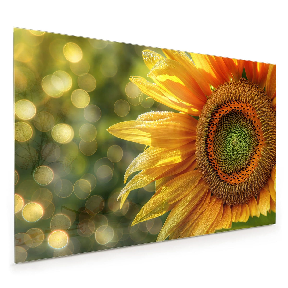 Küchenrückwand aus Glas im Hochformat: Sonnenblume in Nahaufnahme, Blütenblätter voller Tautropfen