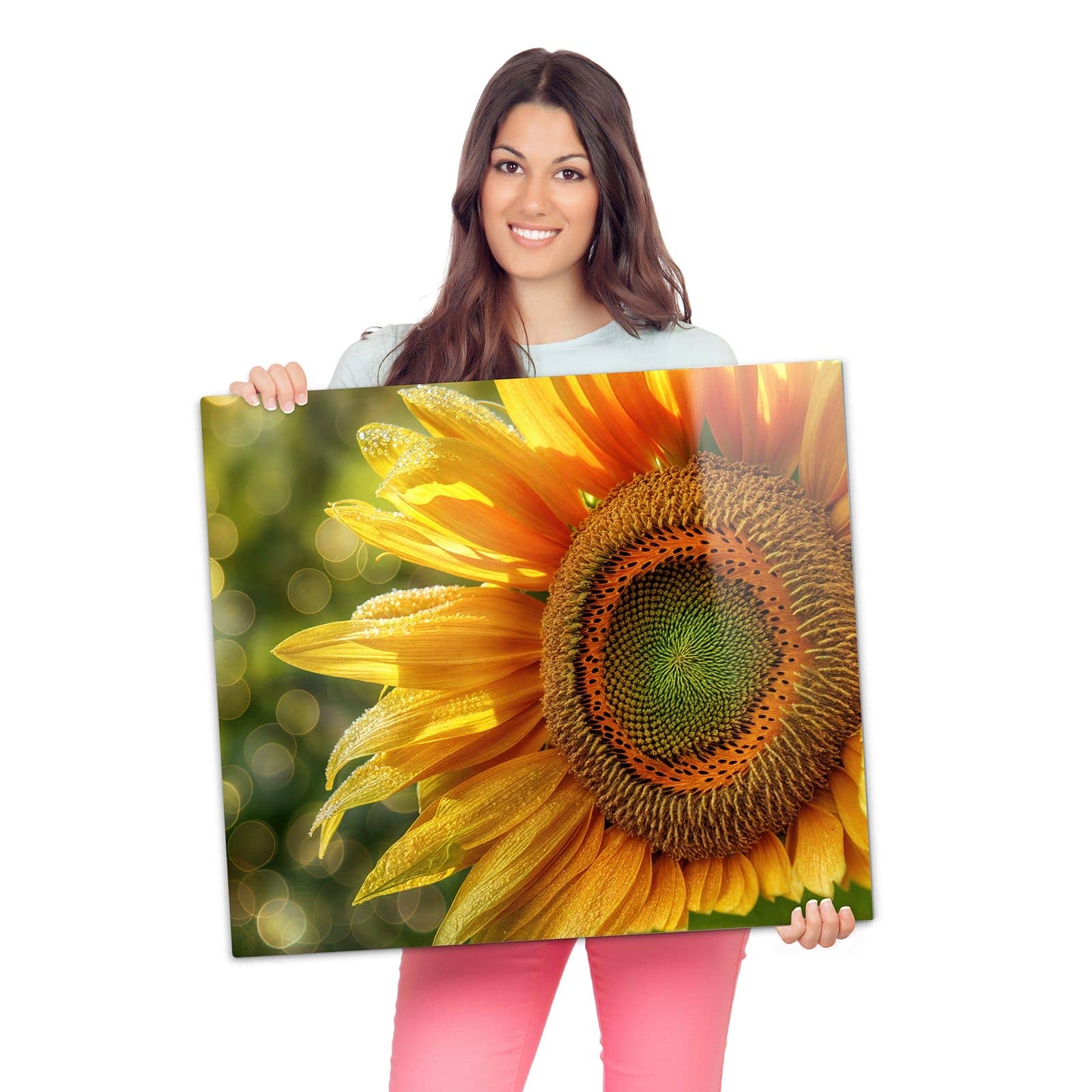 Herdabdeckplatte mit Sonnenblume Makro-Motiv wird zur Größendarstellung gehalten