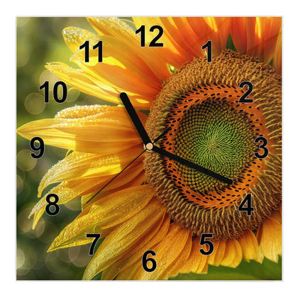 Wanduhr Quadratisch mit dem Motiv Sonnenblume mit Tau