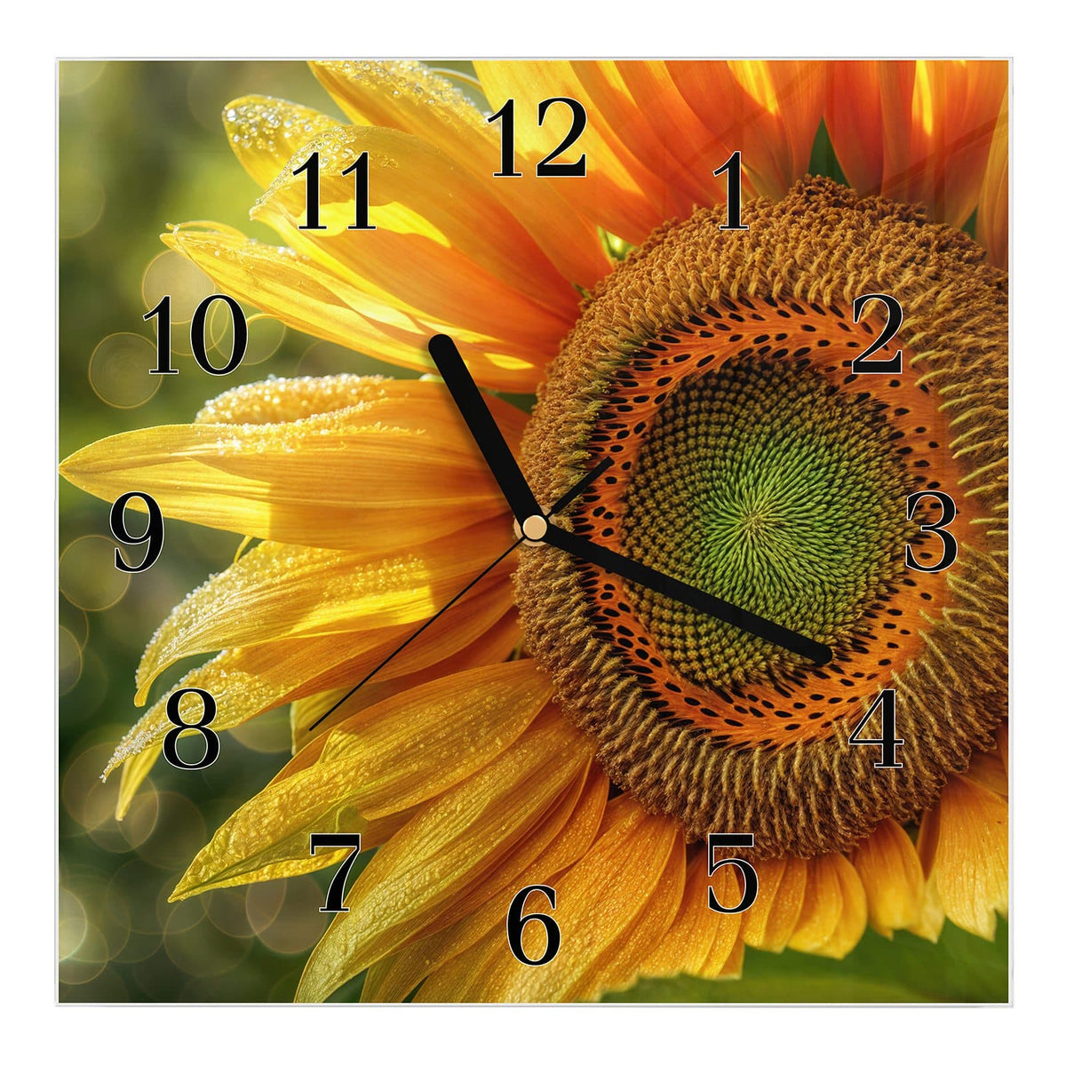 Wanduhr aus Glas, Ziffernblatt Klassisch: Sonnenblume in Nahaufnahme, Blütenblätter voller Tautropfen