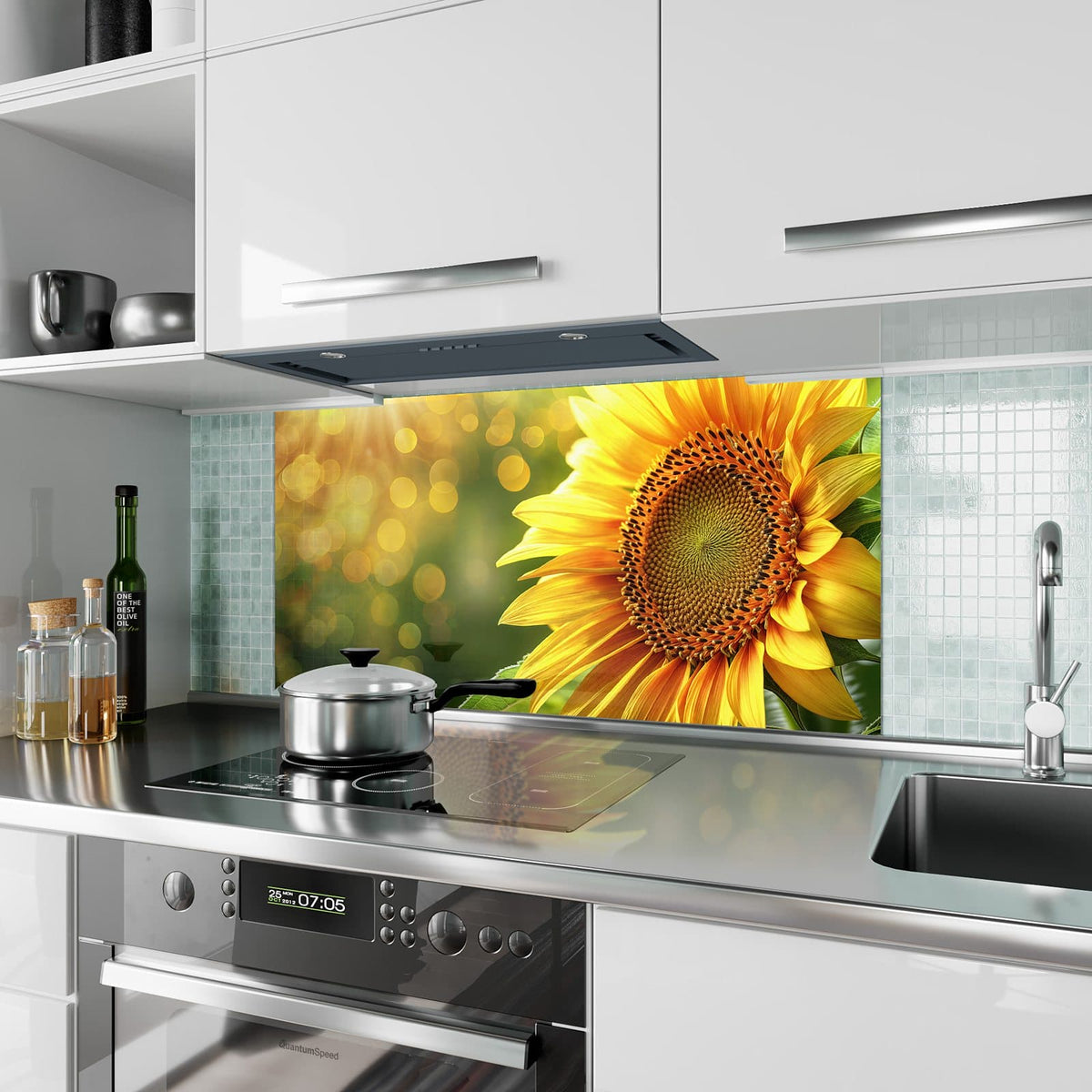 Küchenrückwand aus Glas Sonnenblume im Goldlicht im Hochformat als Spritzschutz hinter dem Kochfeld, über dem Fliesenspiegel montiert