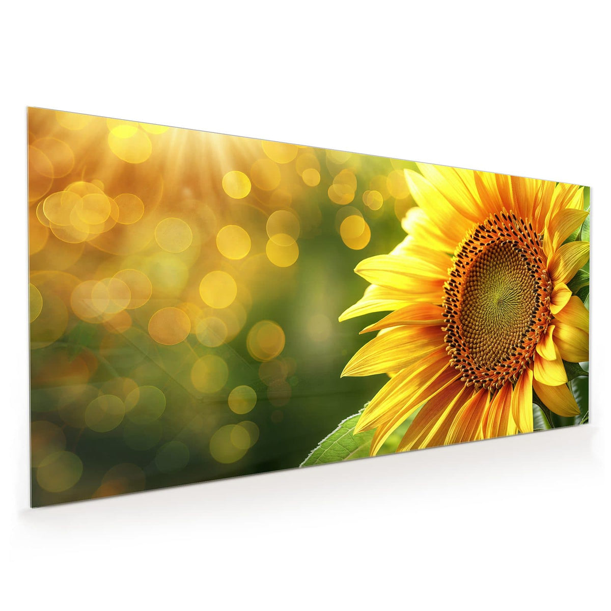 Küchenrückwand aus Glas im Hochformat mit Motiv Sonnenblume im Goldlicht: Einzelne Sonnenblume in Nahaufnahme vor grünem Grund mit goldenen Lichtpunkten.