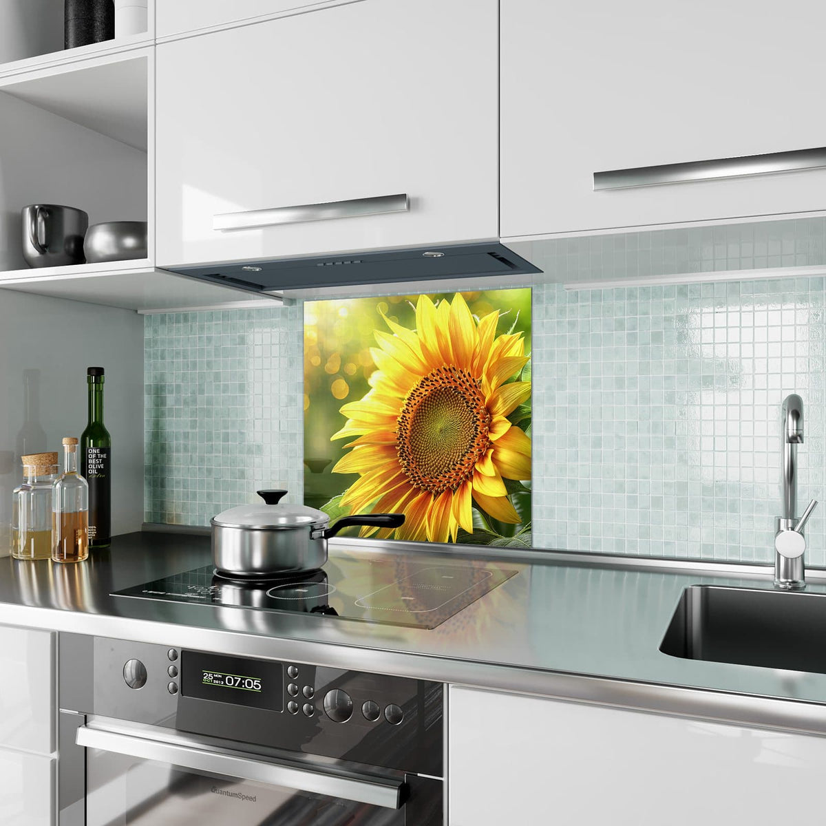 Küchenrückwand aus Glas Sonnenblume im Goldlicht im quadratischen Format als Spritzschutz hinter dem Kochfeld, über dem Fliesenspiegel montiert