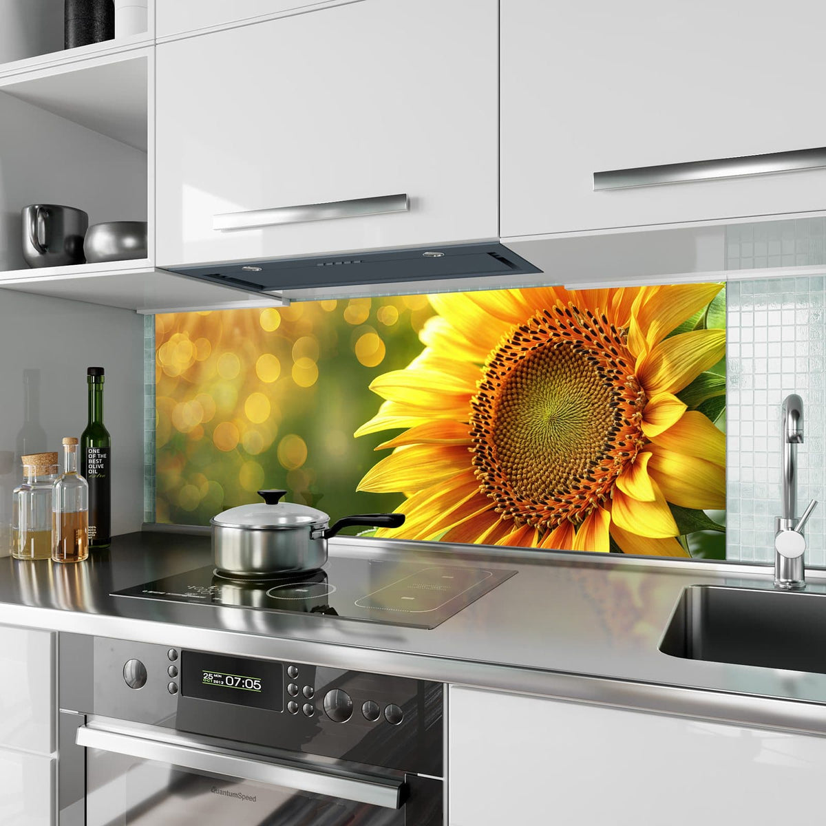 Küchenrückwand aus Glas Sonnenblume im Goldlicht im Hochformat als Spritzschutz hinter dem Kochfeld, über dem Fliesenspiegel montiert