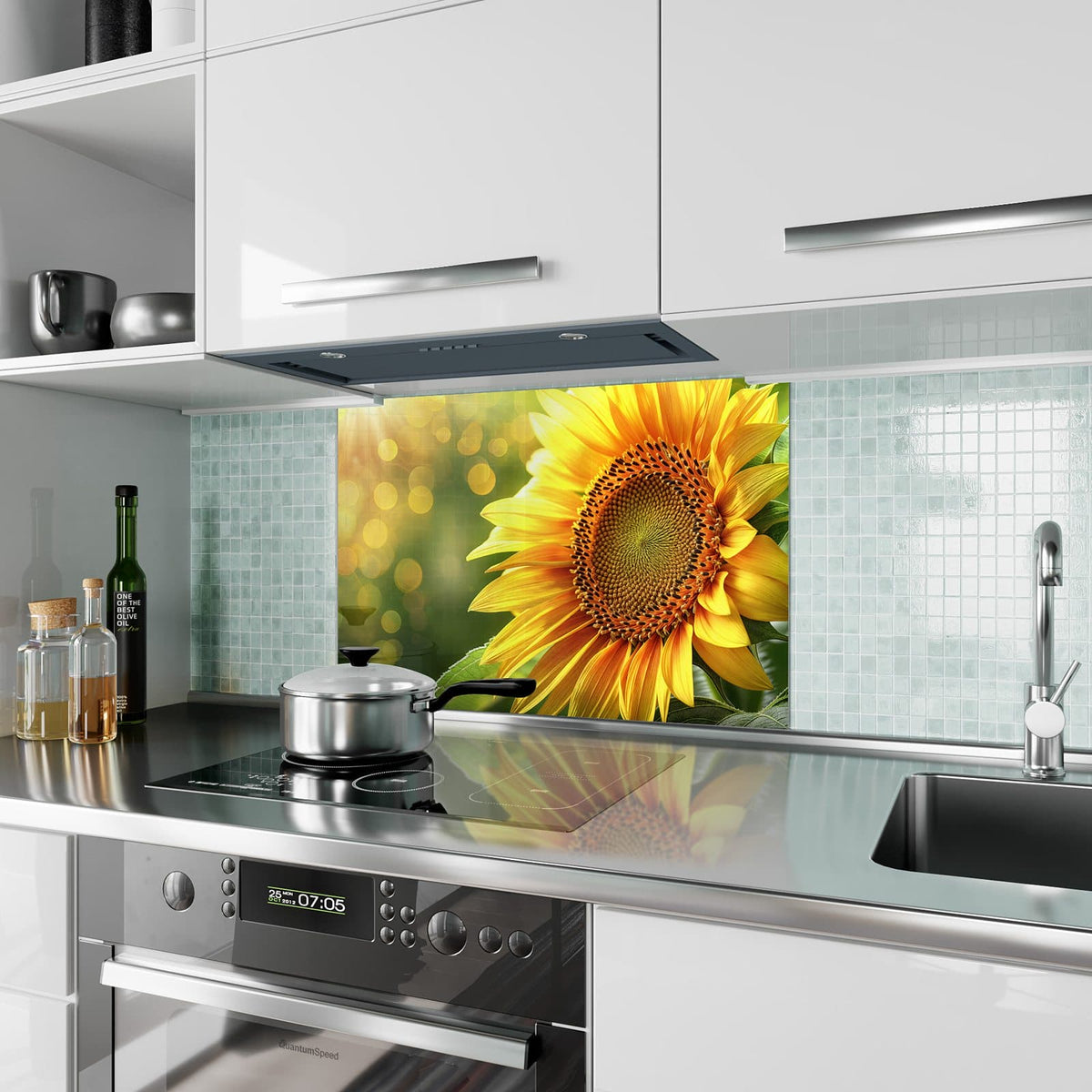Küchenrückwand aus Glas Sonnenblume im Goldlicht im Hochformat als Spritzschutz hinter dem Kochfeld, über dem Fliesenspiegel montiert