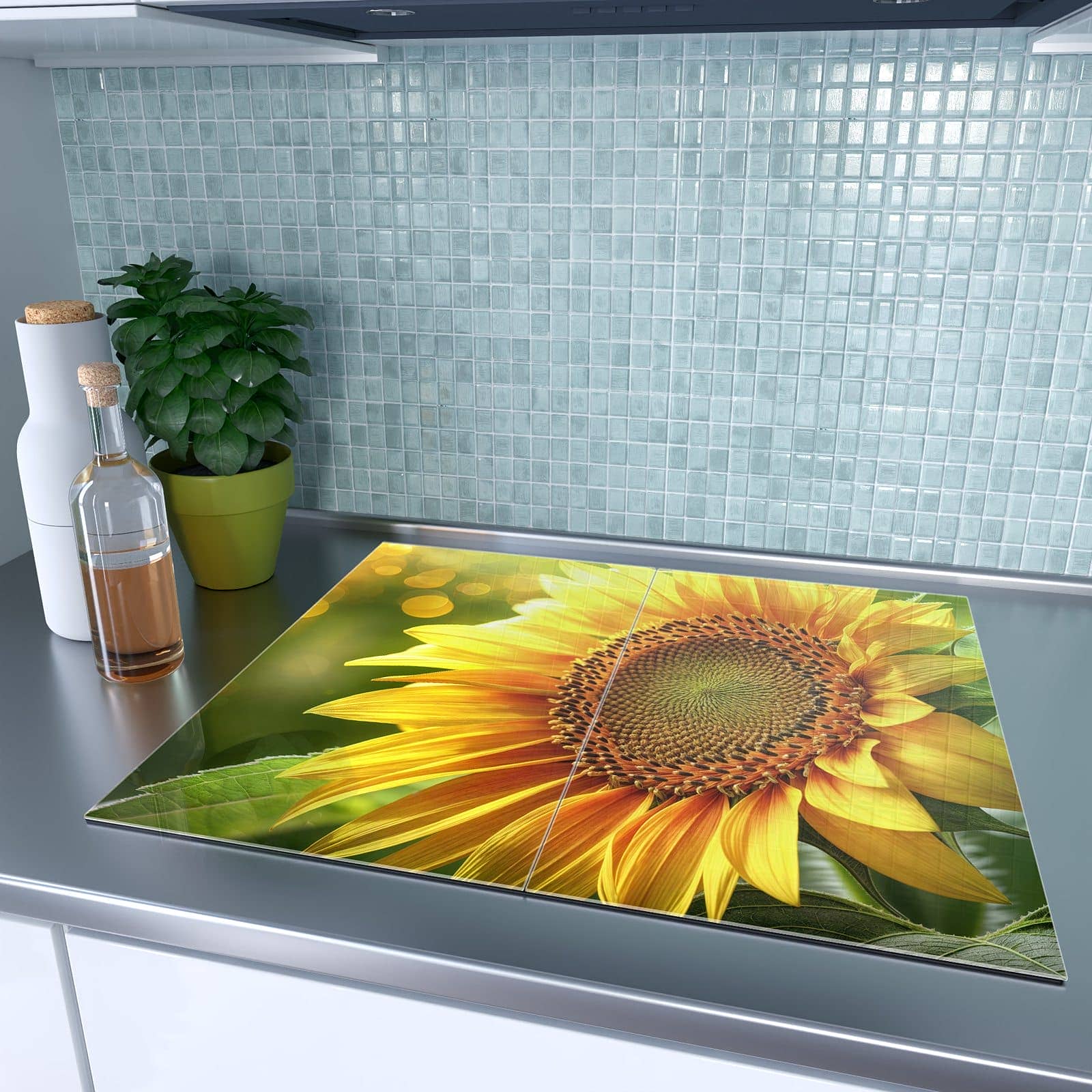 2-teilige Ceranfeld Abdeckungen mit Sonnenblume Blüte-Motiv auf dem Ceranfeld