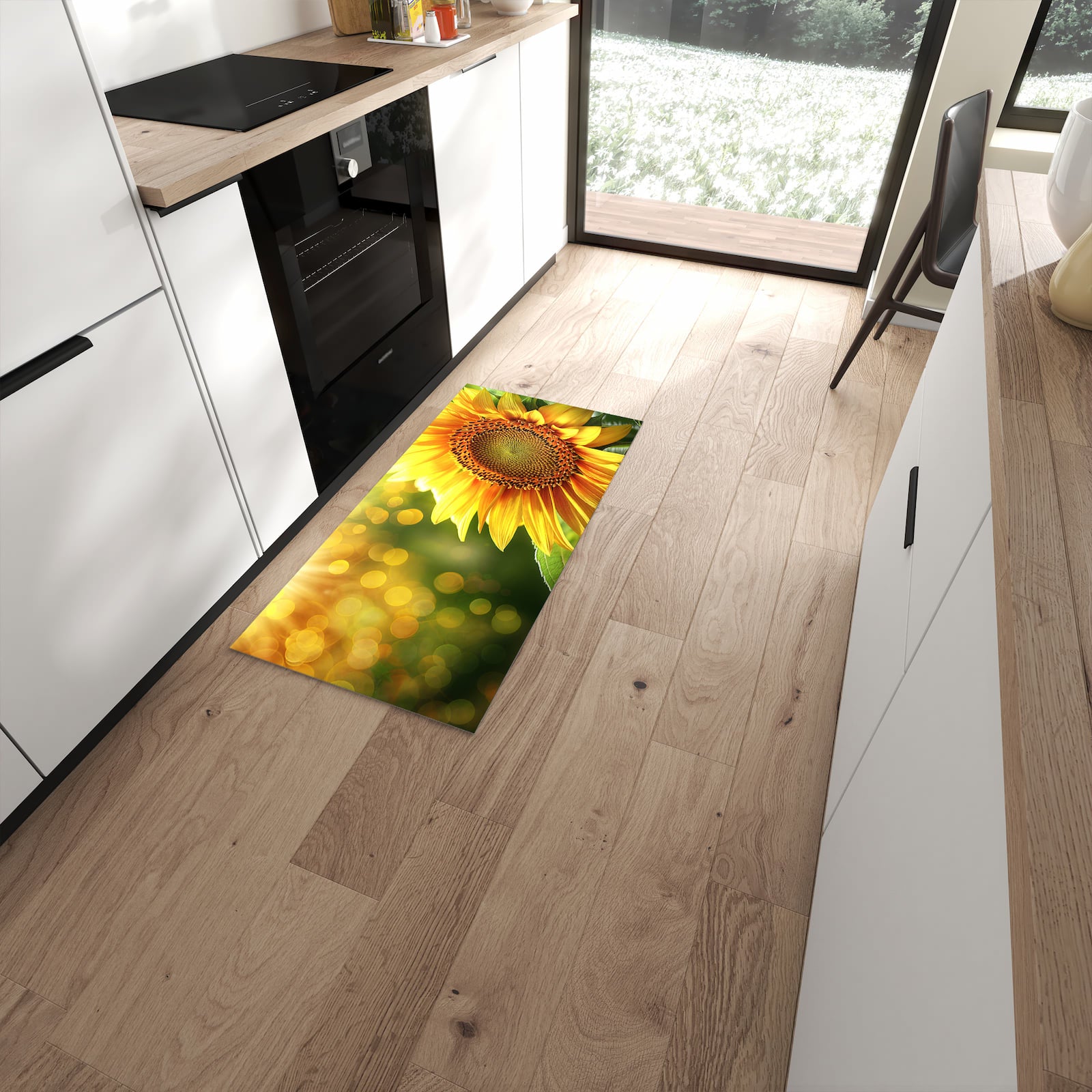 Waschbarer Küchenläufer mit Motiv Sonnenblume Blüte in moderner Küche #grösse_60 x 120 cm