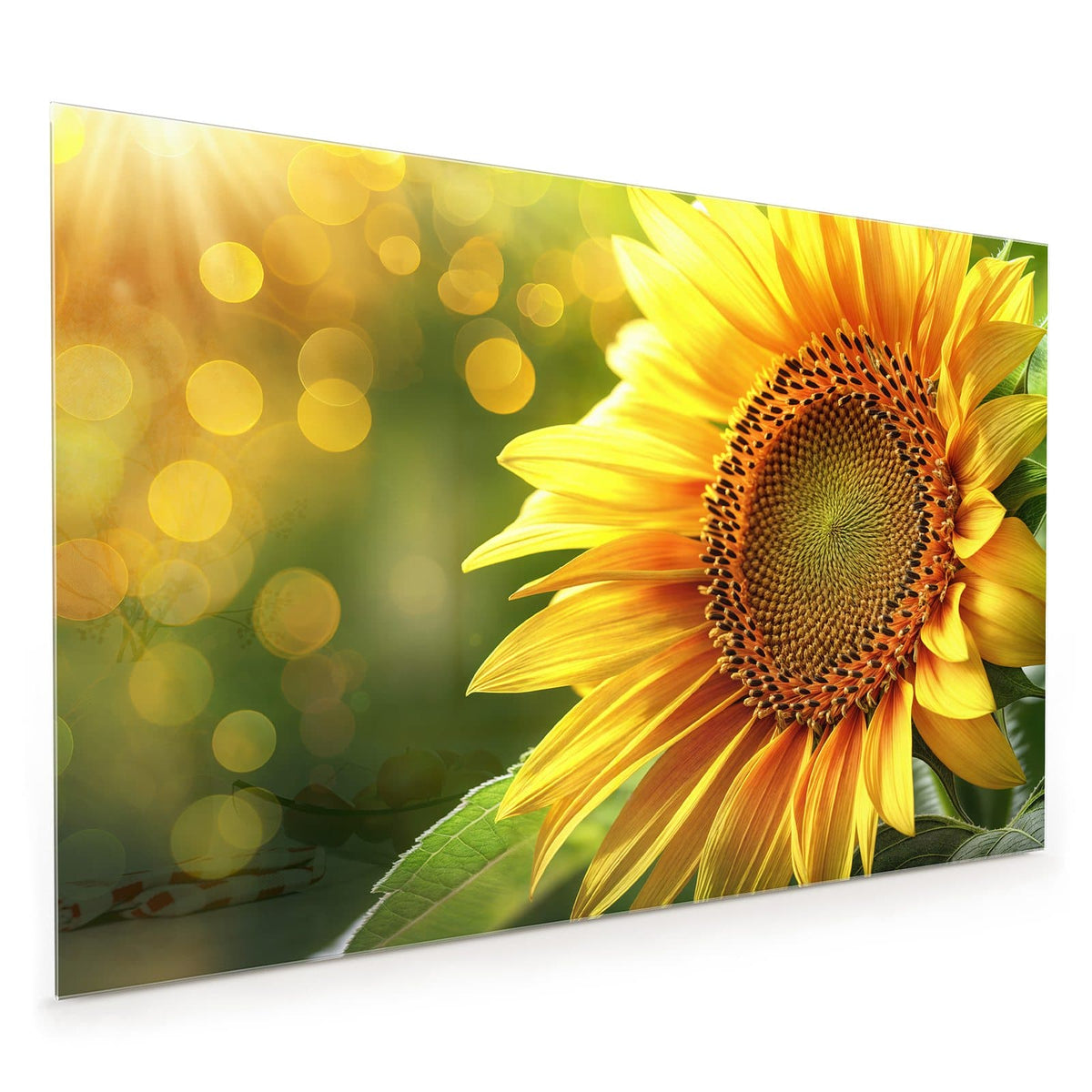 Küchenrückwand aus Glas im Hochformat mit Motiv Sonnenblume im Goldlicht: Einzelne Sonnenblume in Nahaufnahme vor grünem Grund mit goldenen Lichtpunkten.