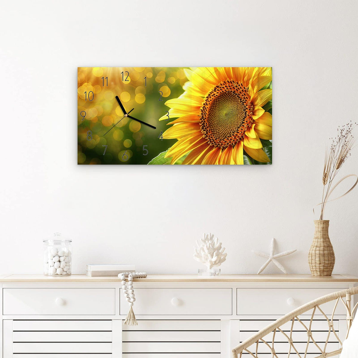 Wanduhr Sonnenblume Blüte aus Glas – Querformat 60 × 30 cm – Sonnenblume vor goldenem Lichterspiel