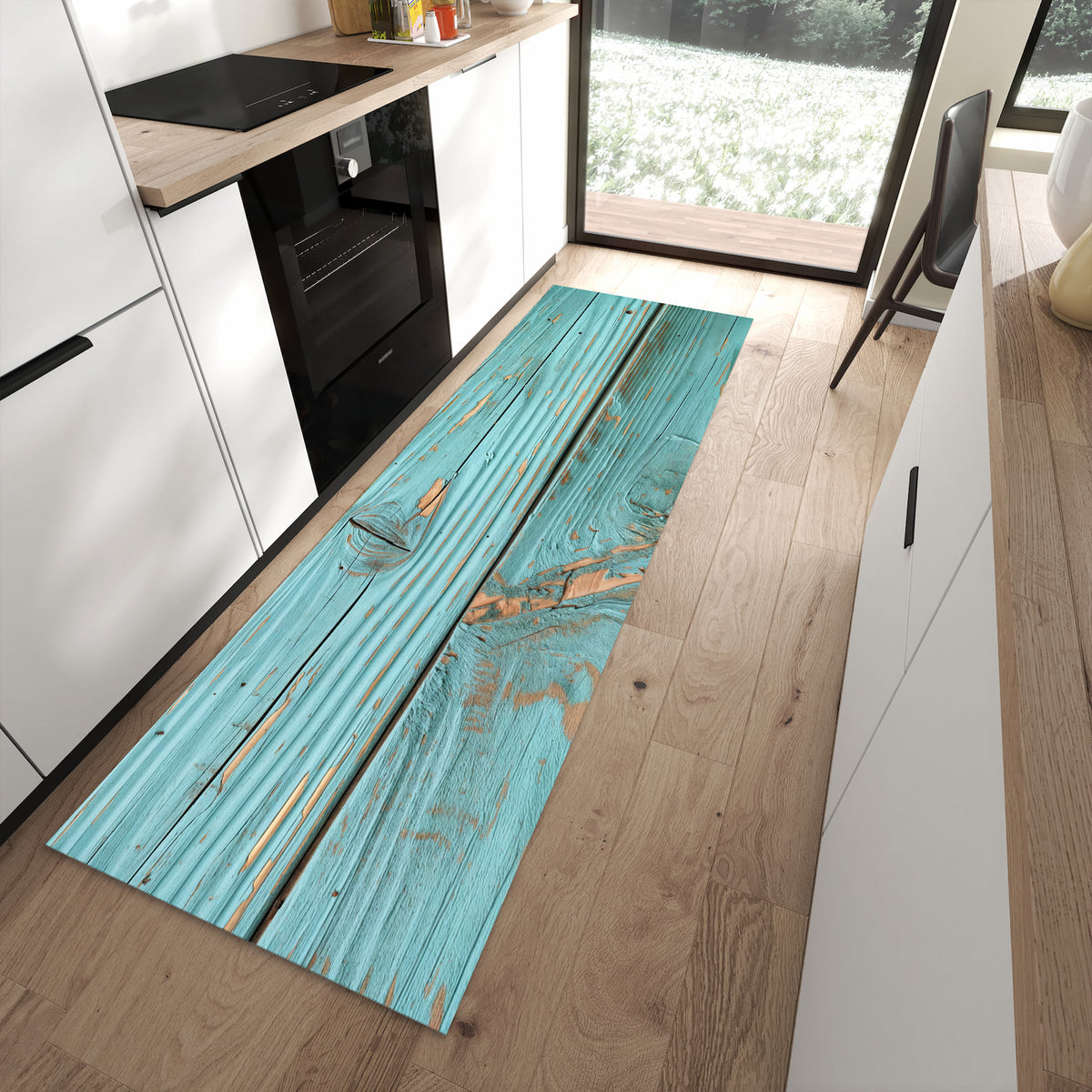 Rutschfester Küchenteppich mit Motiv Holzbretter Vintage in moderner Küche