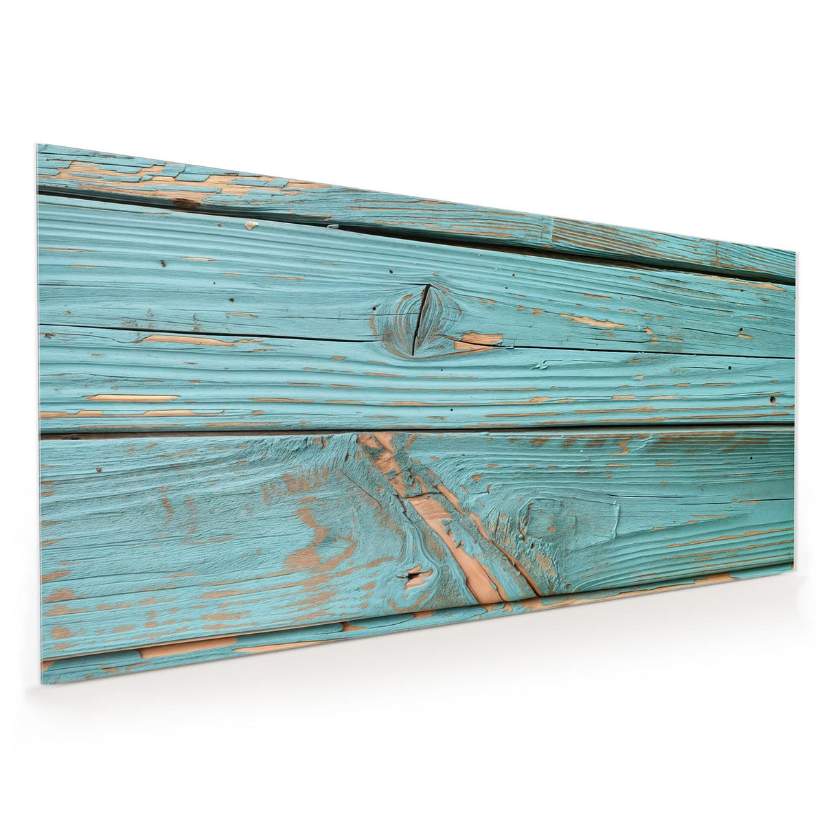 Küchenrückwand aus Glas im Hochformat: Waagerechte Bretter mit kräftig türkisem Lack, der großflächig abplatzt und orangebraunes Holz freilegt