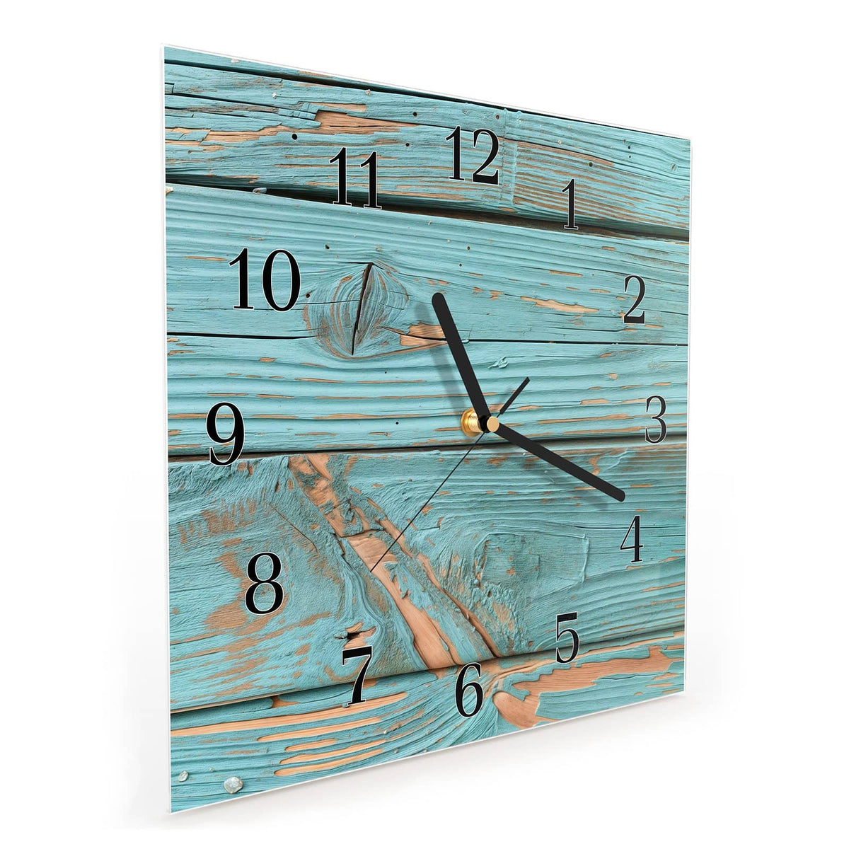 Quadratische Wanduhr aus Glas Türkislack auf Holz schräg von der Seite, 4 mm starkes Glas