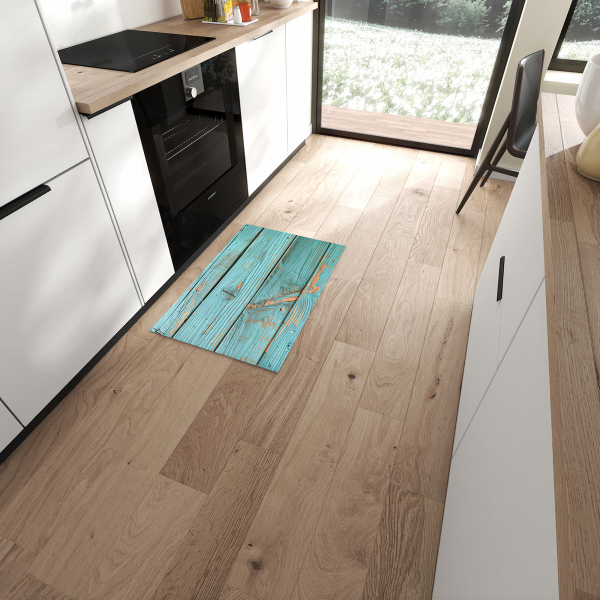 Pflegeleichter waschbarer Küchenteppich mit Motiv Holzbretter Vintage in moderner Küche