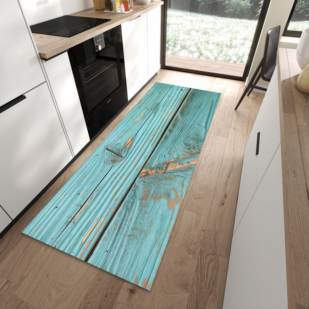 Strapazierfähiger Küchenläufer mit Motiv Holzbretter Vintage in moderner Küche