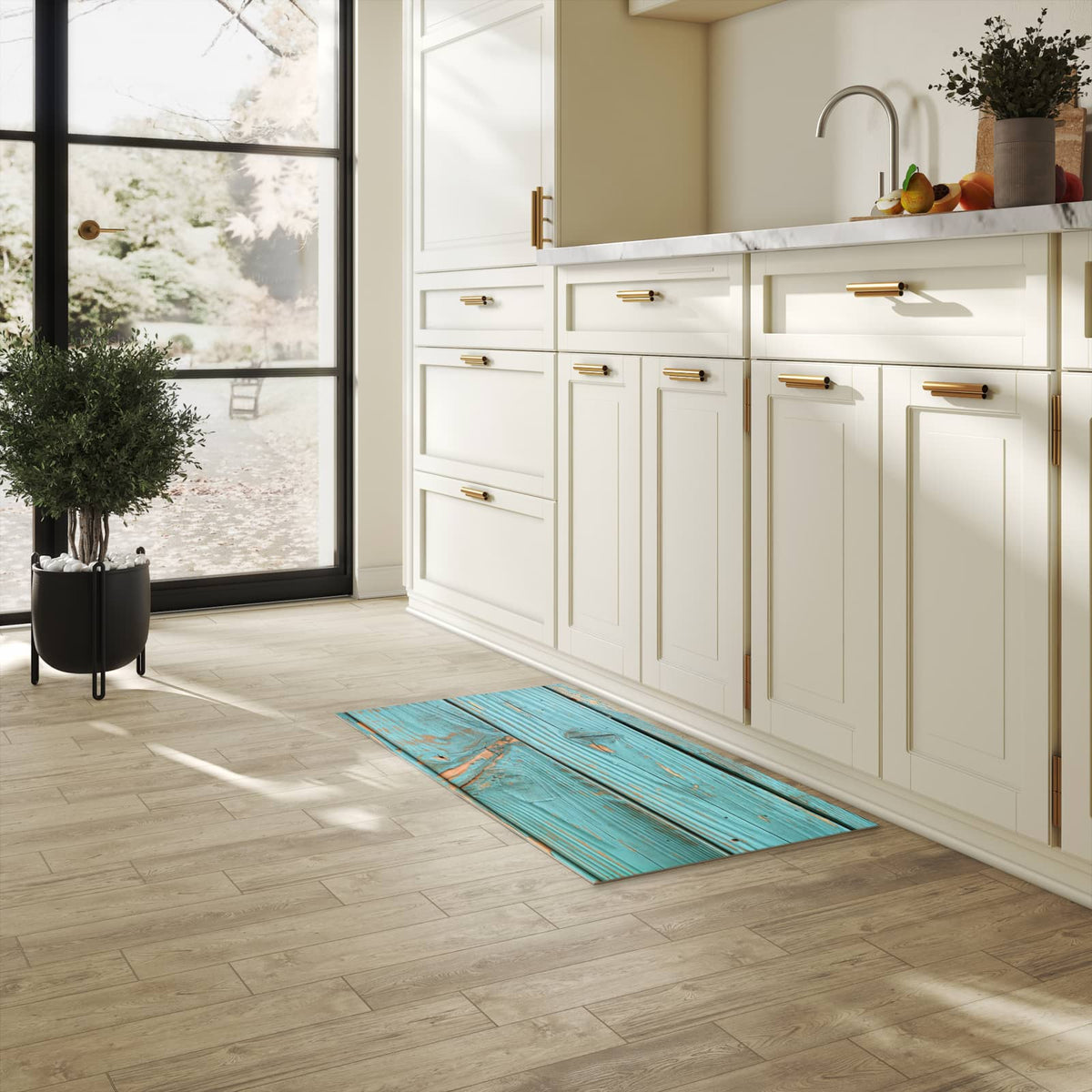 Waschbarer Küchenteppich mit Motiv Holzbretter Vintage in heller Küche für sichere Aufbewahrung