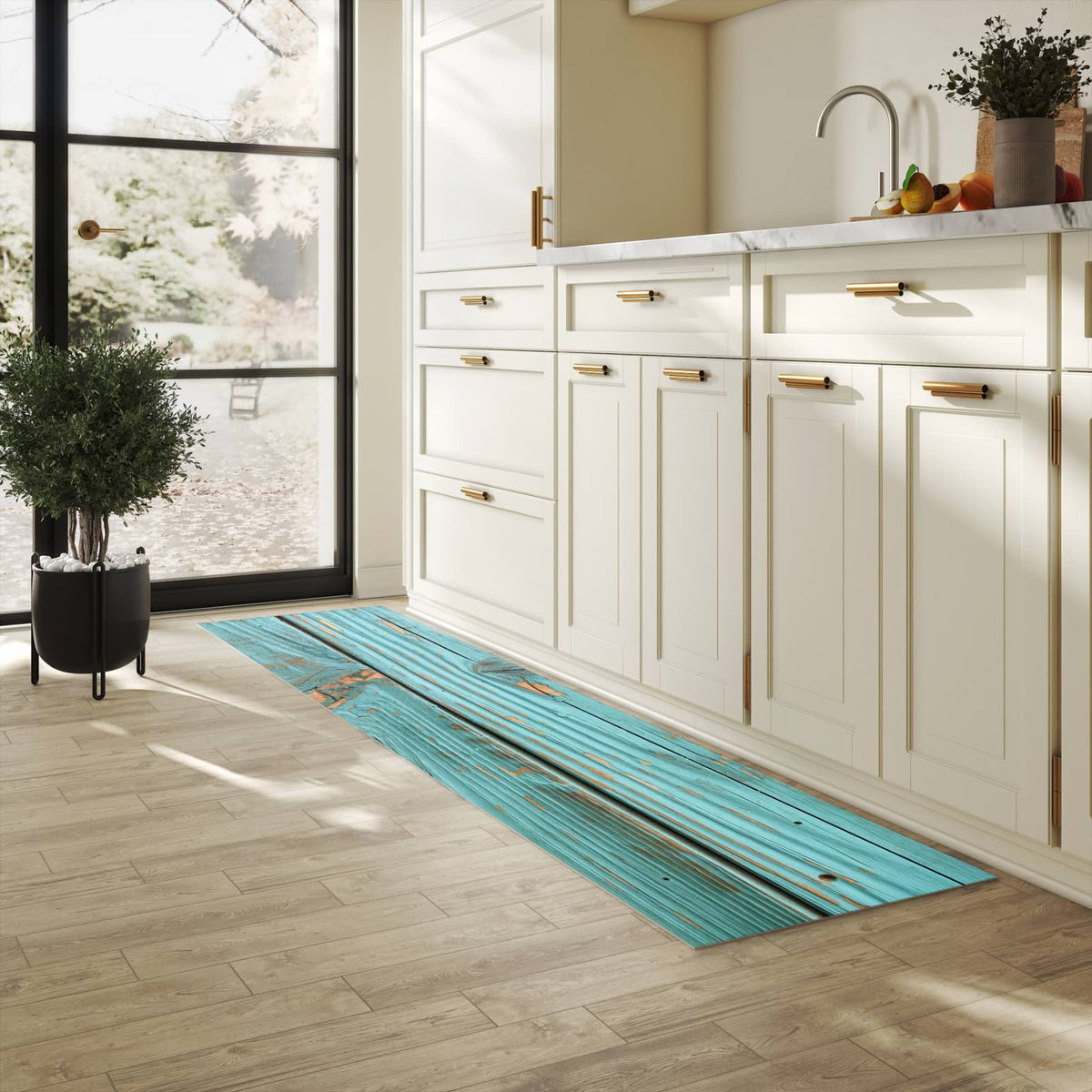 UV-beständiger Küchenläufer mit Motiv Holzbretter Vintage in heller Küche
