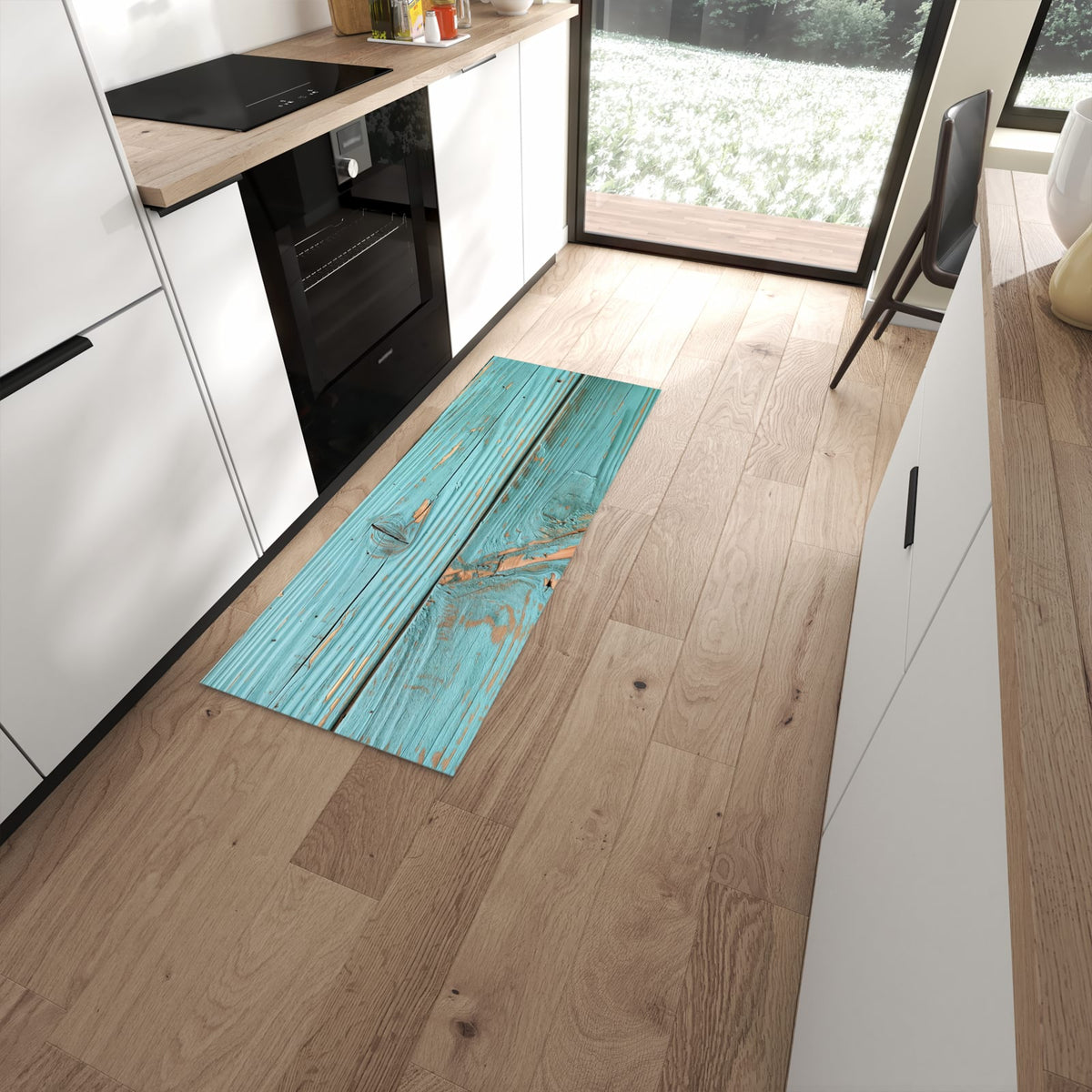 Fleckenresistenter waschbarer Küchenteppich mit Motiv Holzbretter Vintage in moderner Küche #grösse_60 x 150 cm