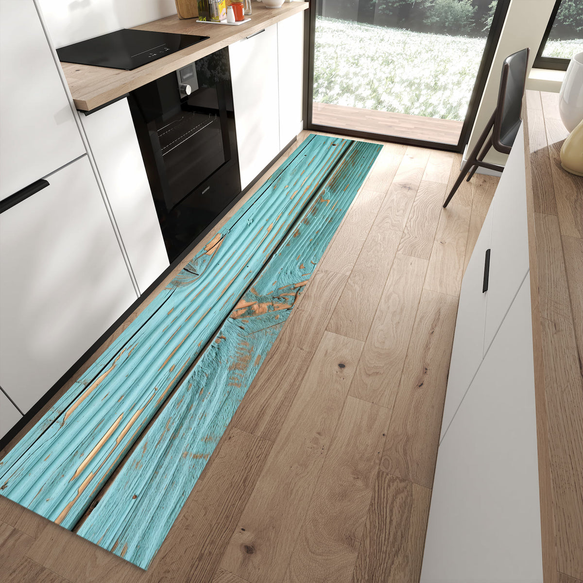 Flacher Küchenteppich mit Motiv Holzbretter Vintage in moderner Küche - waschbar