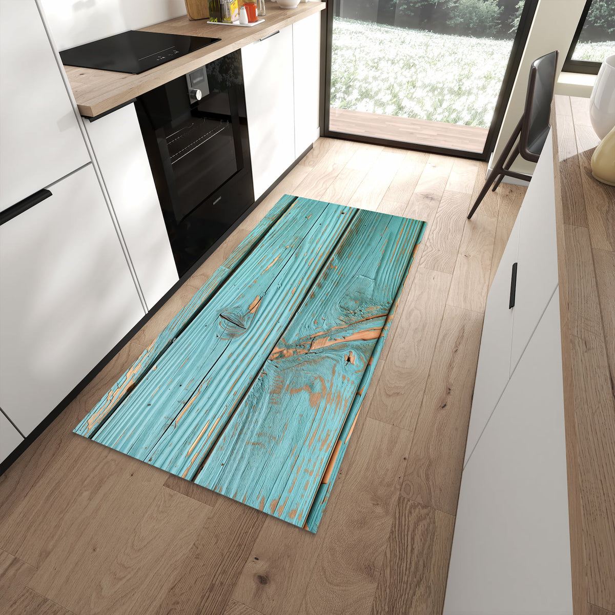 Hygienischer Küchenläufer mit Motiv Holzbretter Vintage in moderner Küche