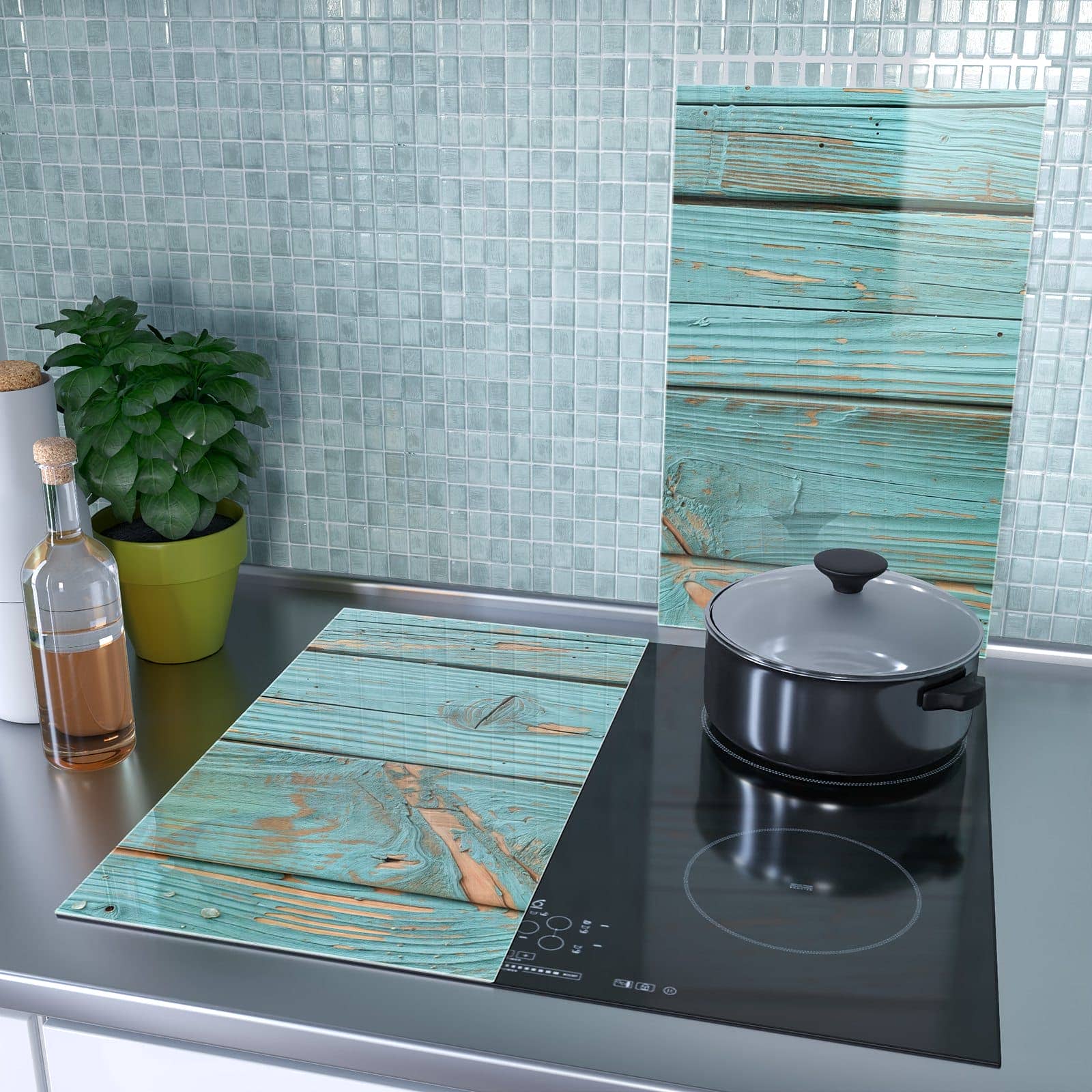 2-teilige Herdabdeckplatte mit Holzbretter Vintage-Motiv als Spritzschutz hinter dem Kochfeld
