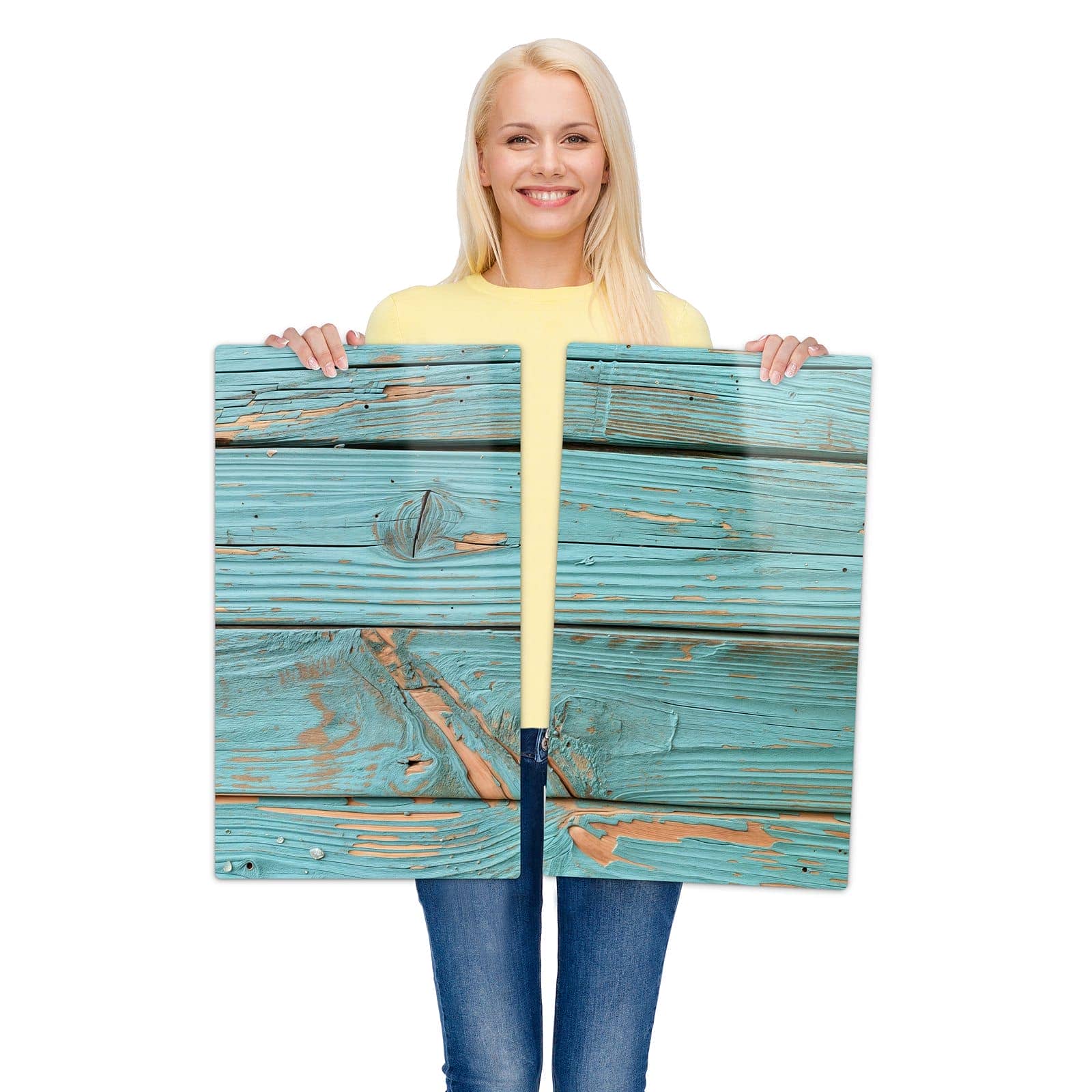 2-teilige Herdabdeckplatten mit Holzbretter Vintage-Motiv werden zur Größendarstellung gehalten